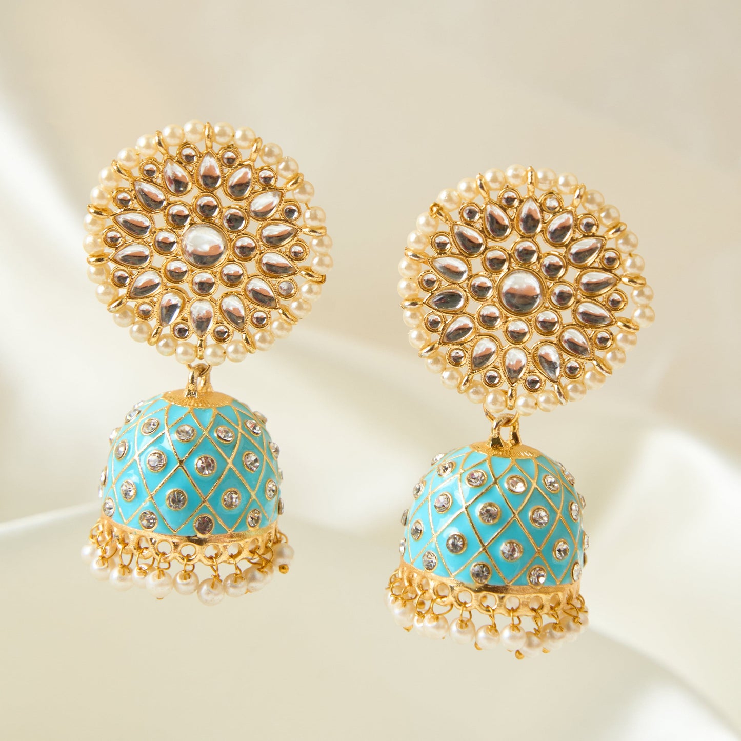 Moonstruck Traditional Inidian Golden Meenakari Jhumka/Jhumki Earrings With Pearls for Women (Blue) - www.MoonstruckINC.com