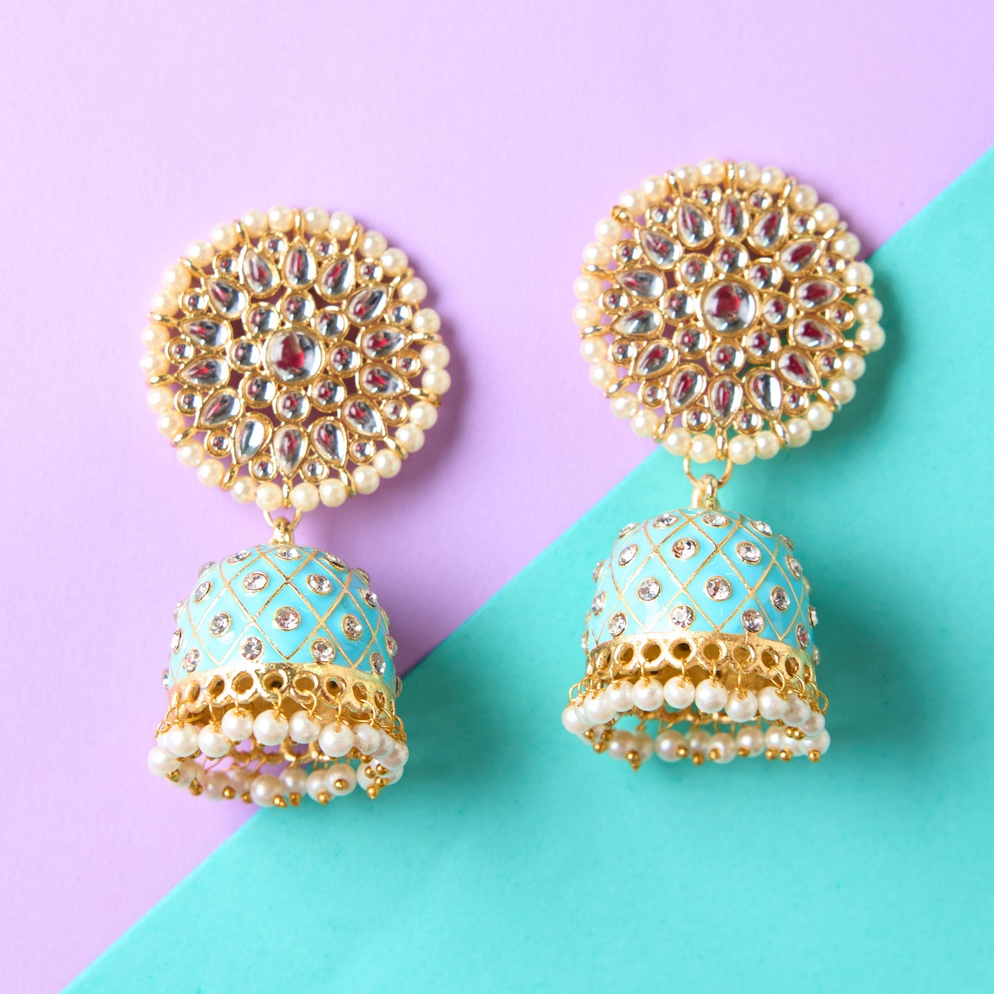 Moonstruck Traditional Inidian Golden Meenakari Jhumka/Jhumki Earrings With Pearls for Women (Blue) - www.MoonstruckINC.com
