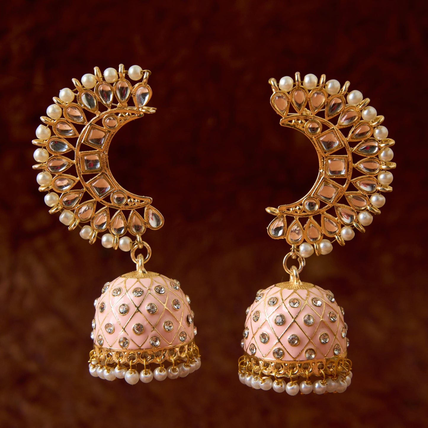 Moonstruck Traditional Inidian Golden Meenakari Jhumka/Jhumki Earrings With Pearls for Women (Peach) - www.MoonstruckINC.com