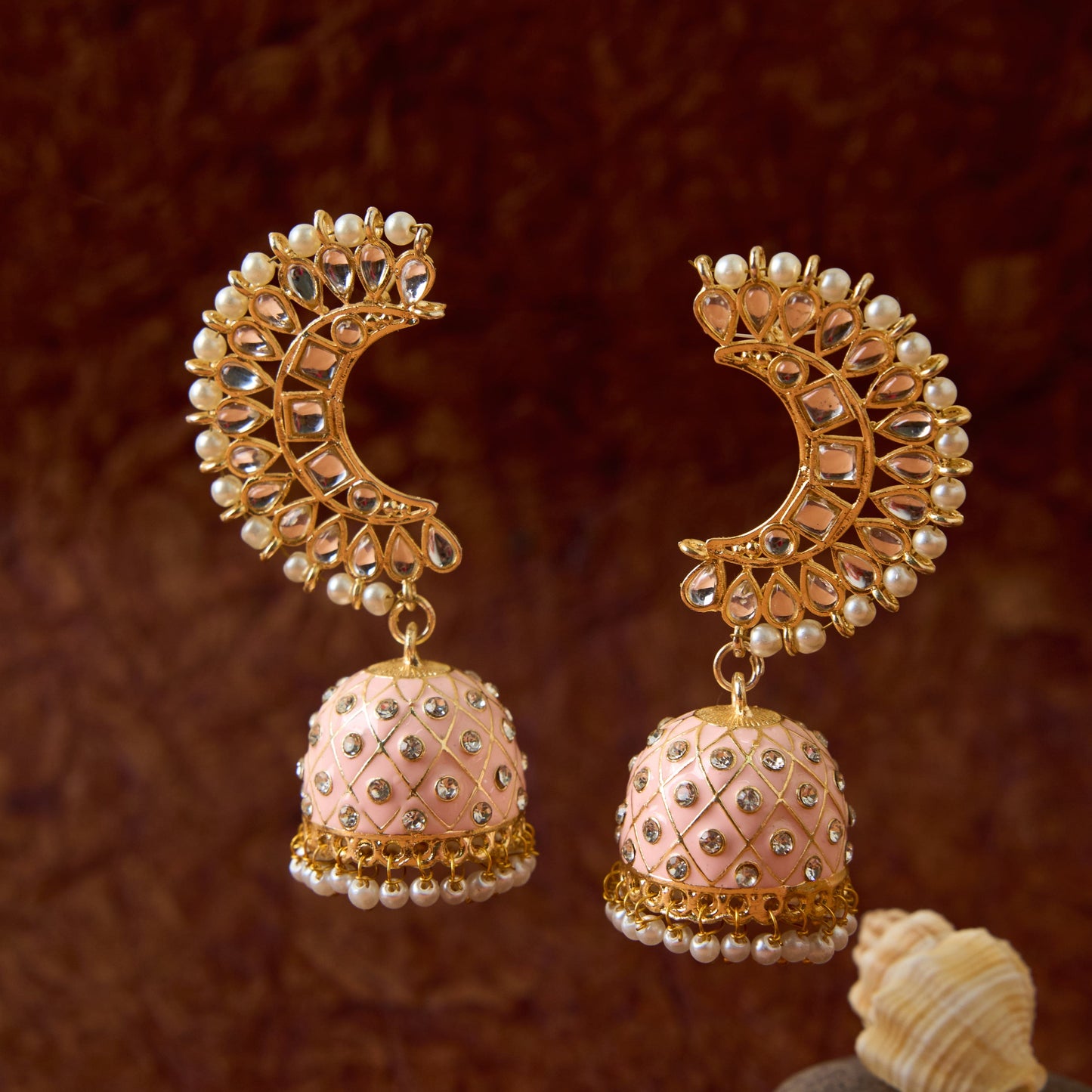 Moonstruck Traditional Inidian Golden Meenakari Jhumka/Jhumki Earrings With Pearls for Women (Peach) - www.MoonstruckINC.com