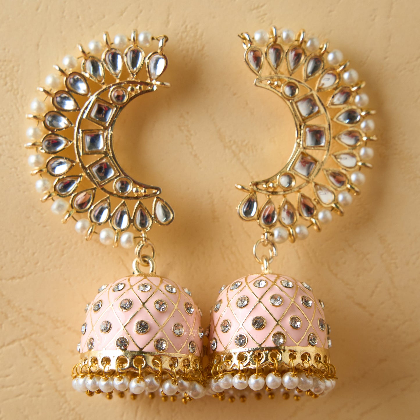 Moonstruck Traditional Inidian Golden Meenakari Jhumka/Jhumki Earrings With Pearls for Women (Peach) - www.MoonstruckINC.com