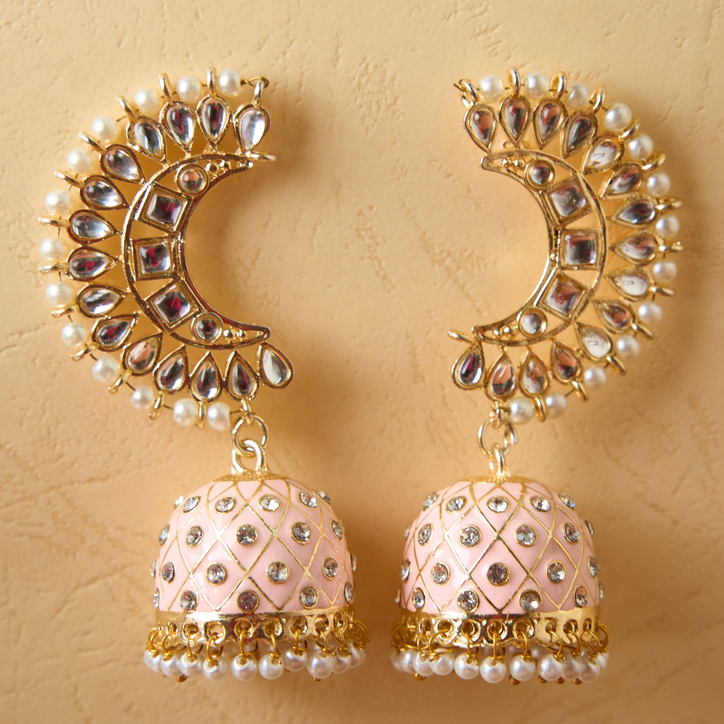 Moonstruck Traditional Inidian Golden Meenakari Jhumka/Jhumki Earrings With Pearls for Women (Peach) - www.MoonstruckINC.com