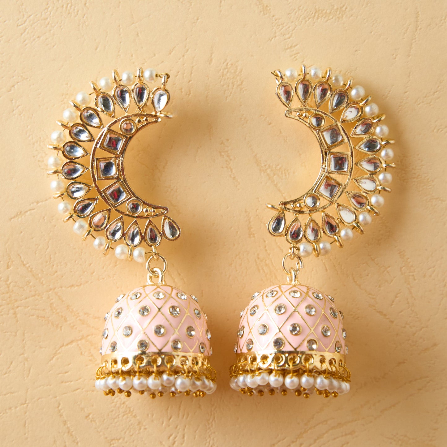 Moonstruck Traditional Inidian Golden Meenakari Jhumka/Jhumki Earrings With Pearls for Women (Peach) - www.MoonstruckINC.com