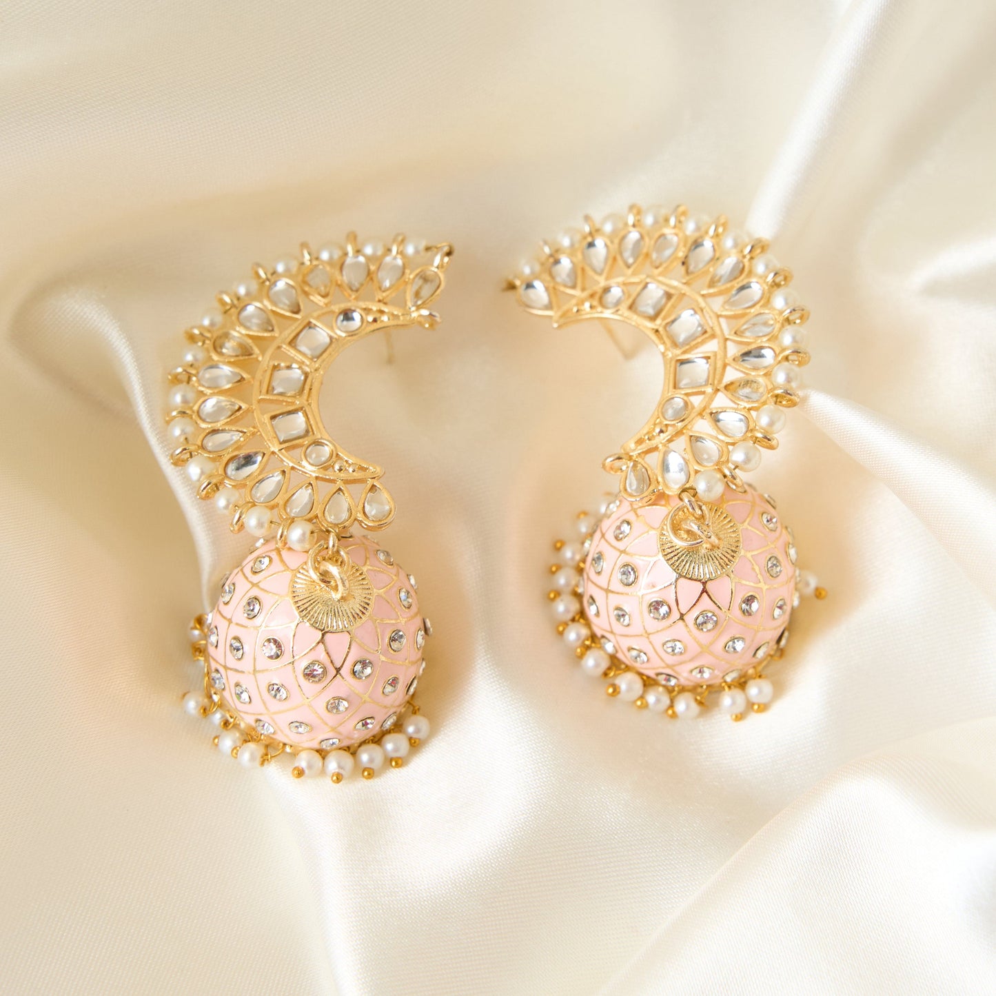 Moonstruck Traditional Inidian Golden Meenakari Jhumka/Jhumki Earrings With Pearls for Women (Peach) - www.MoonstruckINC.com