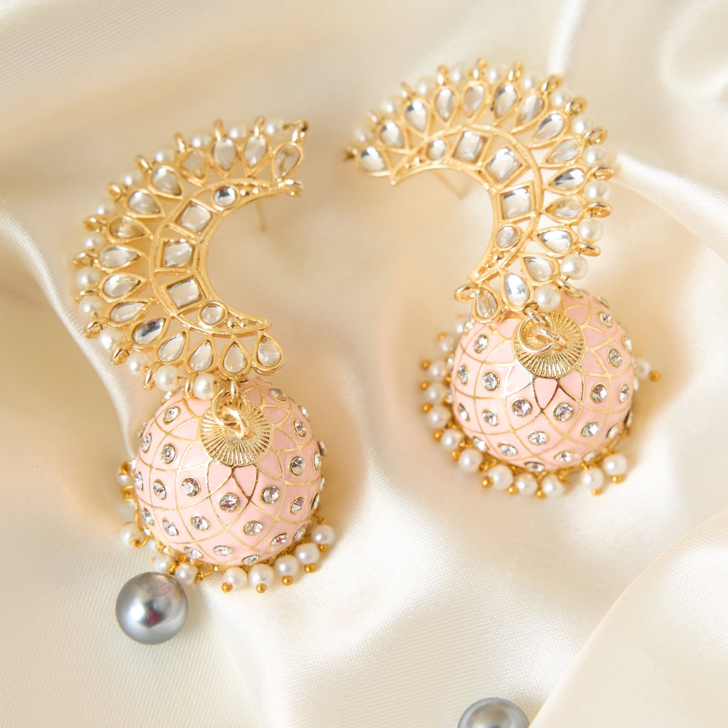 Moonstruck Traditional Inidian Golden Meenakari Jhumka/Jhumki Earrings With Pearls for Women (Peach) - www.MoonstruckINC.com