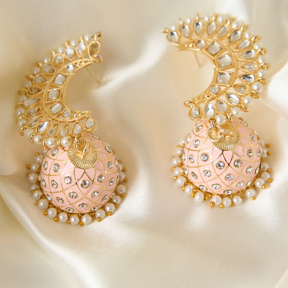 Moonstruck Traditional Inidian Golden Meenakari Jhumka/Jhumki Earrings With Pearls for Women (Peach) - www.MoonstruckINC.com