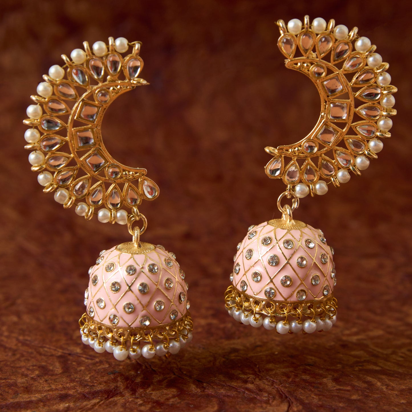 Moonstruck Traditional Inidian Golden Meenakari Jhumka/Jhumki Earrings With Pearls for Women (Peach) - www.MoonstruckINC.com