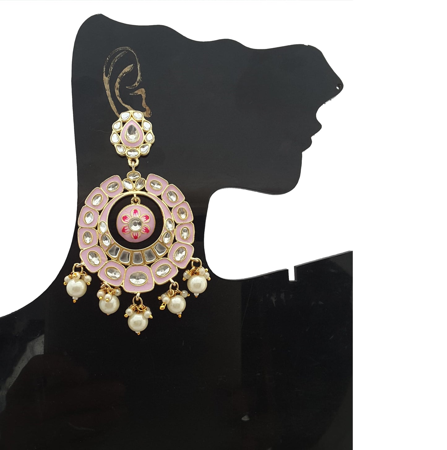 Moonstruck Traditional Indian Golden Chandbali Earrings with Meenakari & Pearls for Women – Light Violet Enamel, Lightweight Alloy, 9cm Length, 31g Weight - www.MoonstruckINC.com