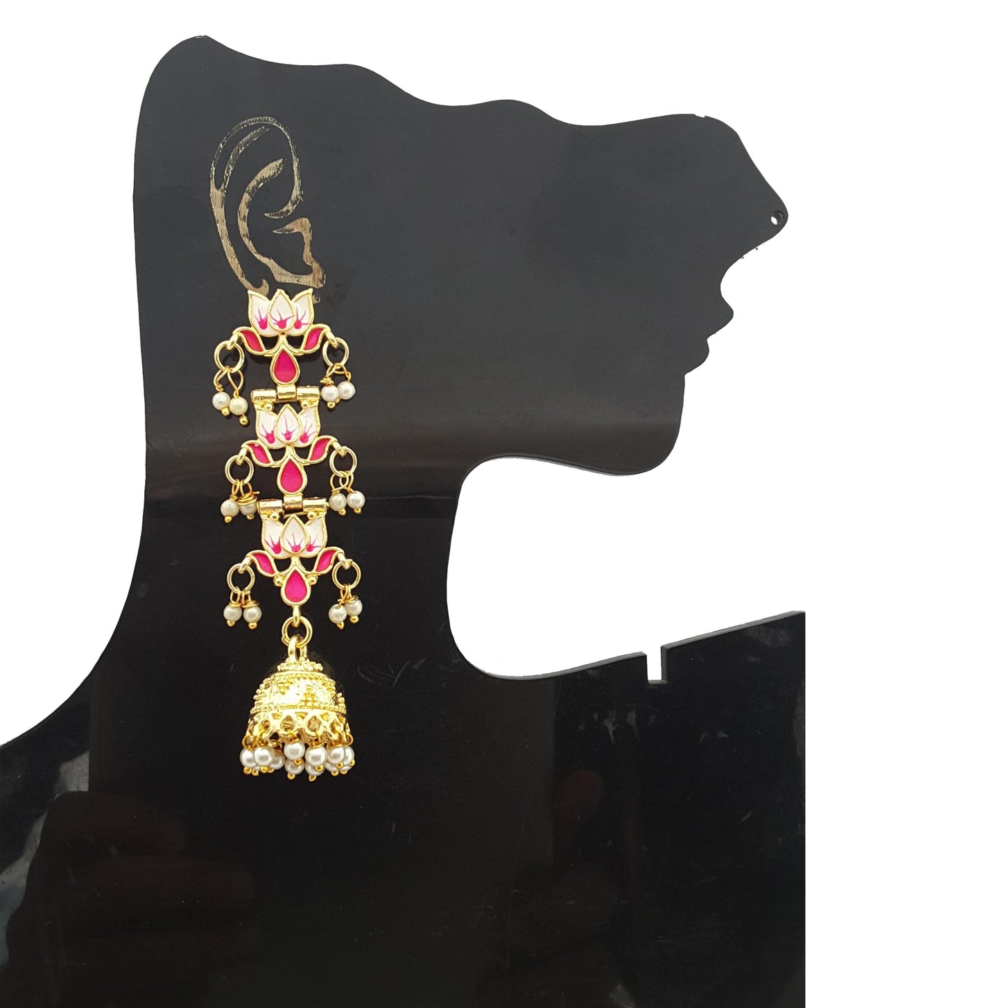 Moonstruck Traditional Indian Dome Shaped Lightweight Golden Jhumka Earrings with Meenakari & Pearls for Women – Green Enamel, Lightweight Alloy, 8.5cm Length, 22g Weight - www.MoonstruckINC.com