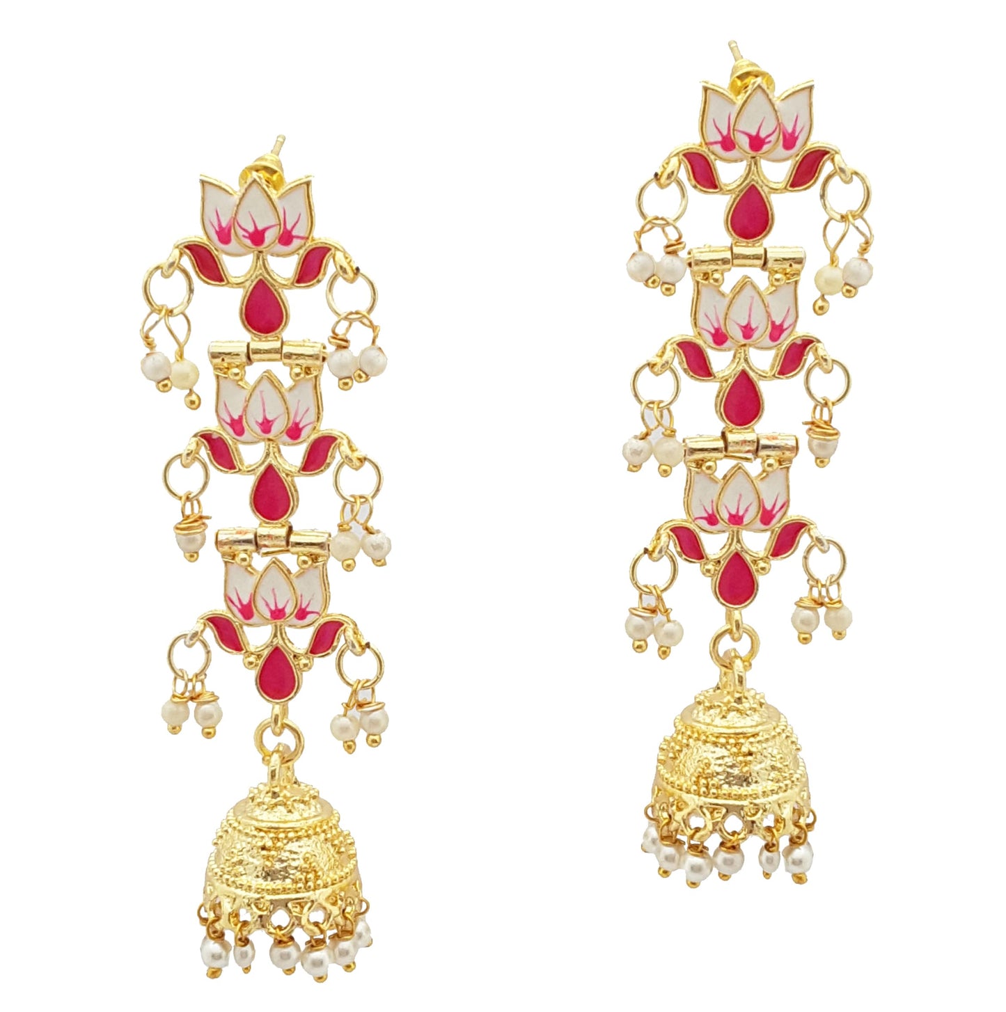 Moonstruck Traditional Indian Dome Shaped Lightweight Golden Jhumka Earrings with Meenakari & Pearls for Women β Green Enamel, Lightweight Alloy, 8.5cm Length, 22g Weight