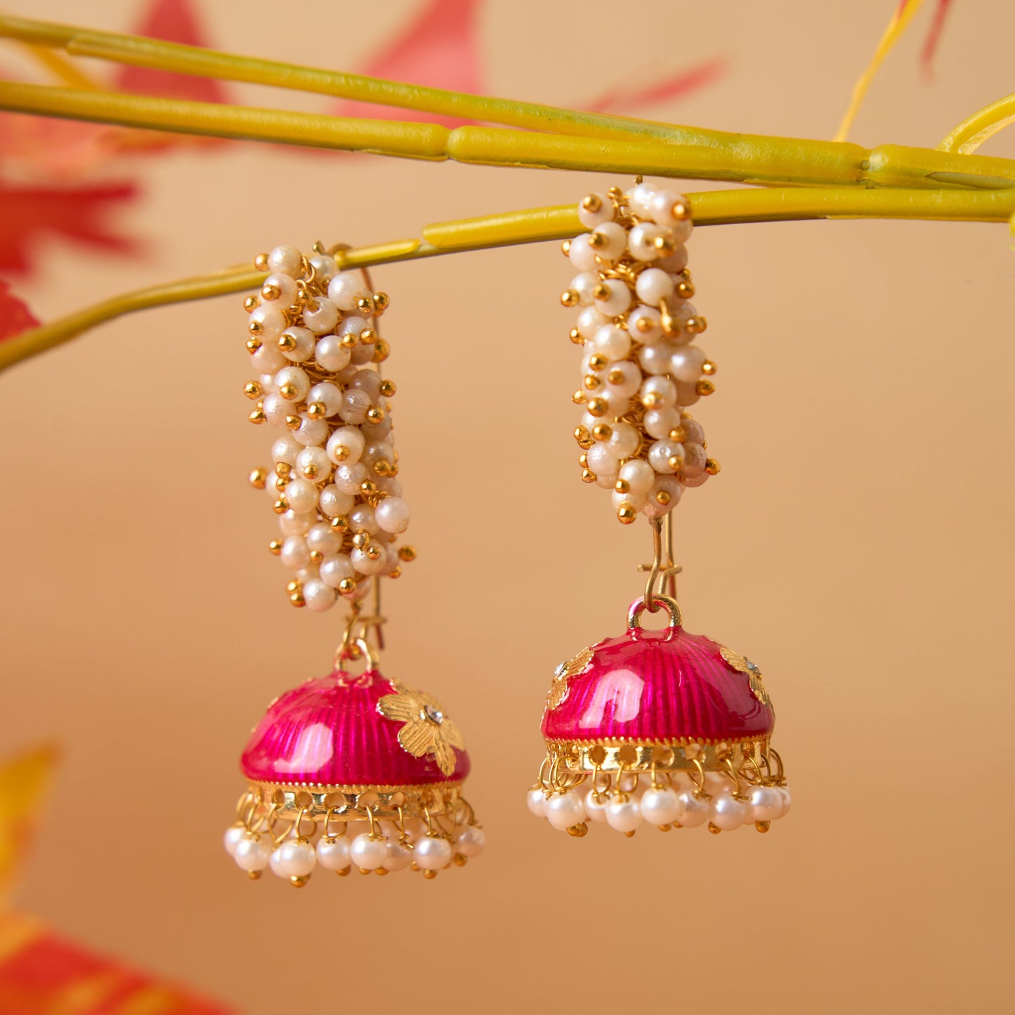 Moonstruck Gold Pearl Hoop Jhumki Fashion Earrings For Women (Pink) - www.MoonstruckINC.com