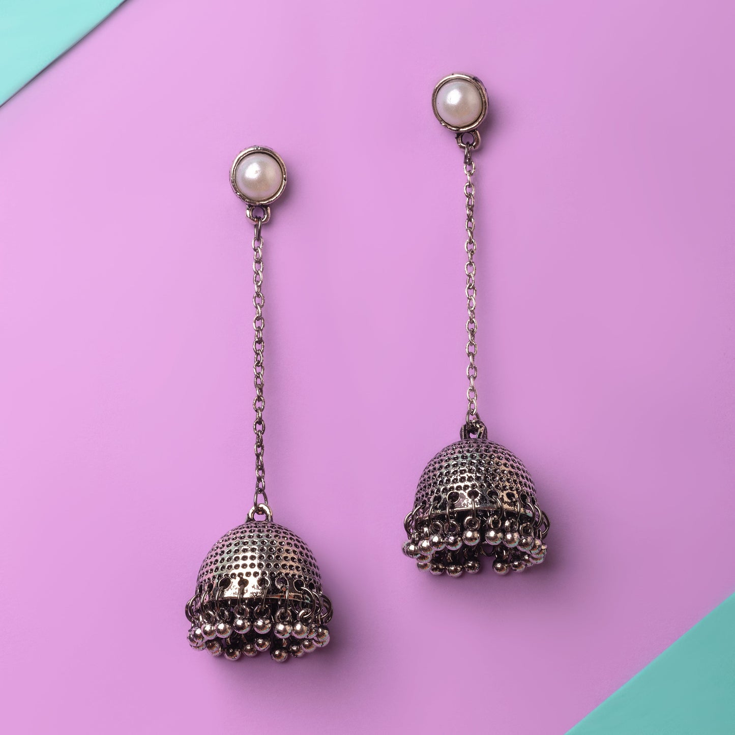 Moonstruck Traditional Oxidised Long Drop Chain Dangler Beaded Jhumka Earring for Women Girls (Oxidised) - www.MoonstruckINC.com