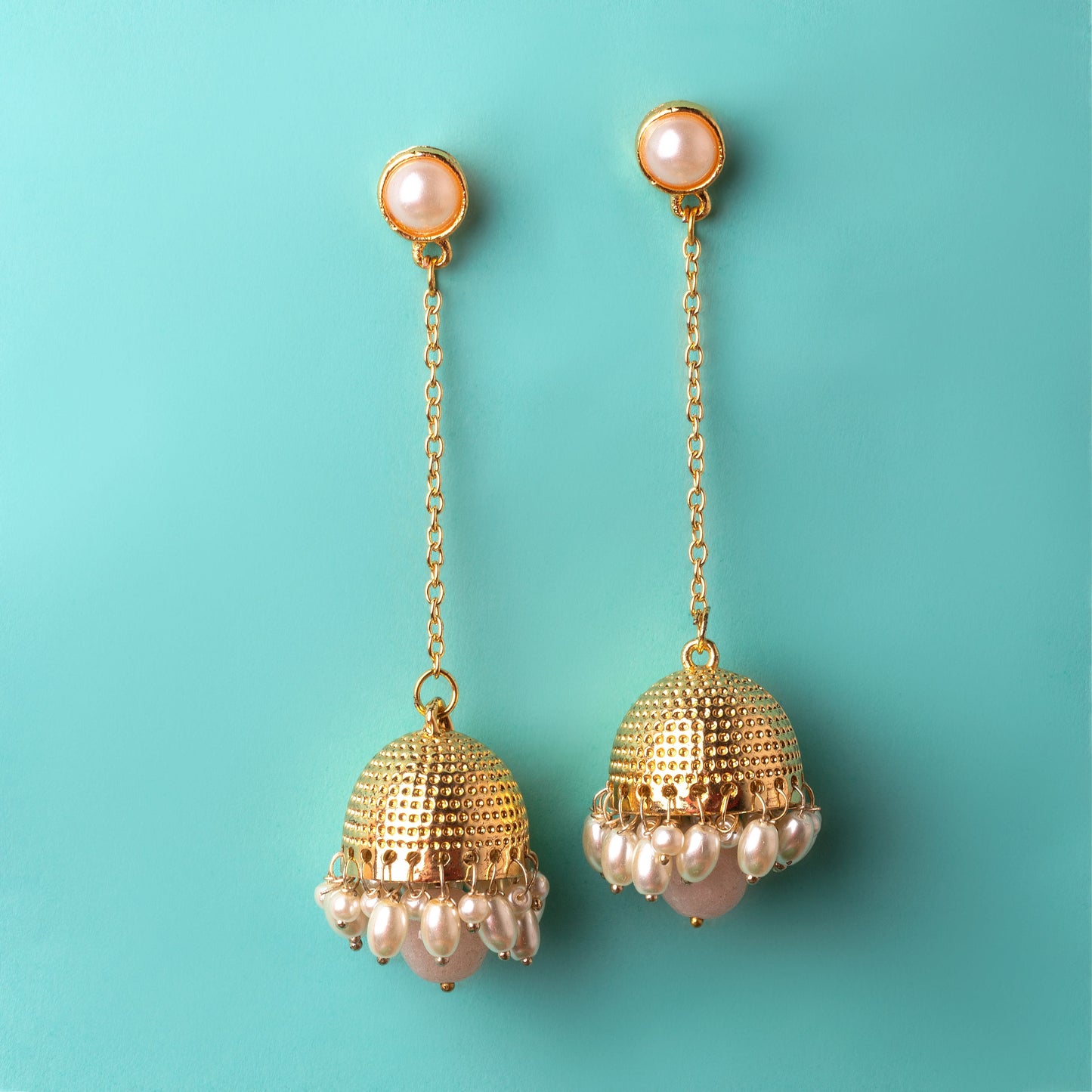 MoonStruck Traditional Non-precious Metal Alloy and Pearl Long Drop Chain Dangler Pearl Jhumka for Women & Girls, Peach - www.MoonstruckINC.com