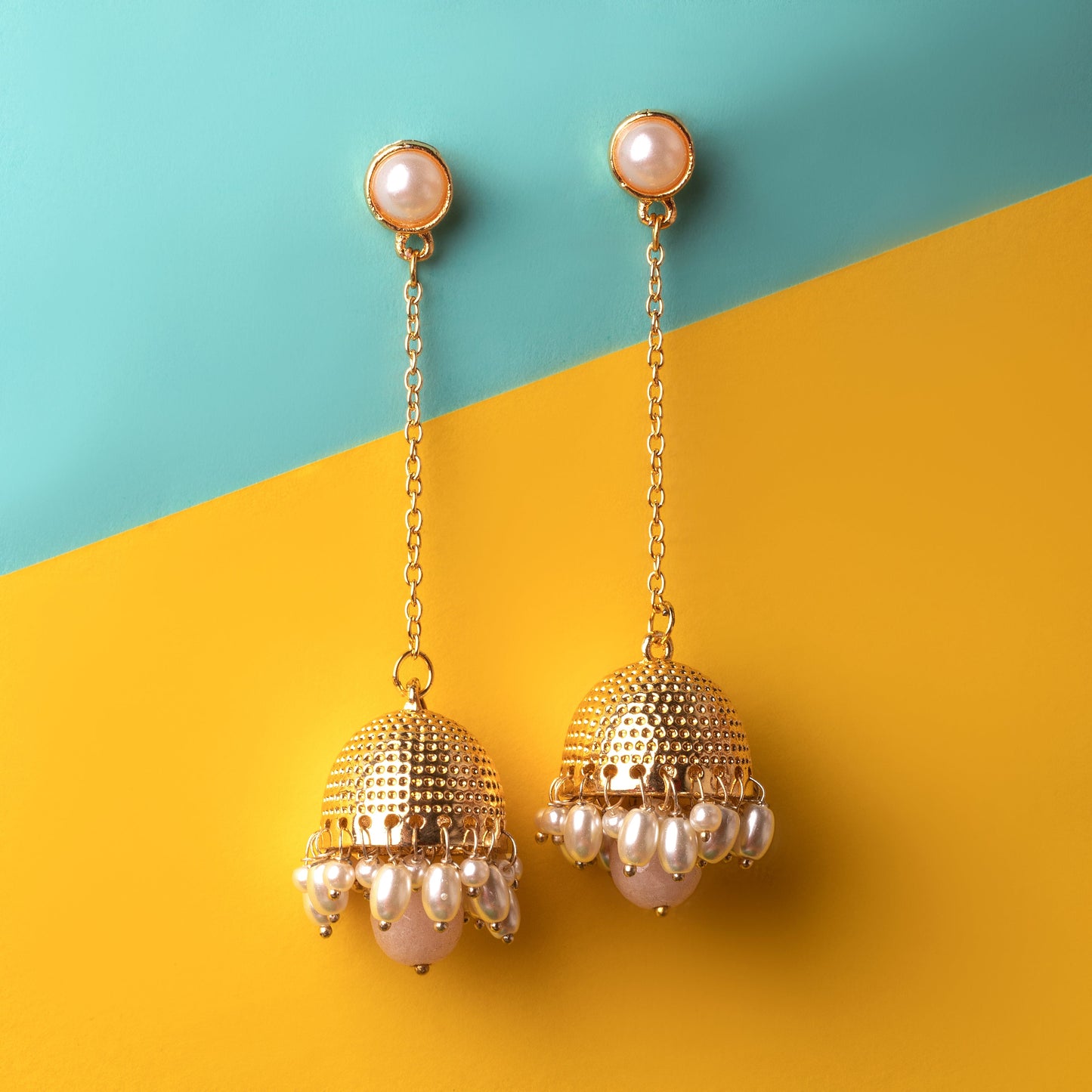 MoonStruck Traditional Non-precious Metal Alloy and Pearl Long Drop Chain Dangler Pearl Jhumka for Women & Girls, Peach - www.MoonstruckINC.com