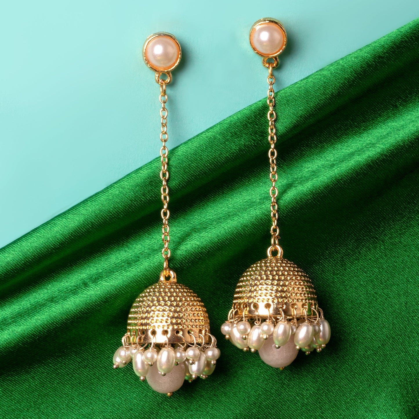 MoonStruck Traditional Non-precious Metal Alloy and Pearl Long Drop Chain Dangler Pearl Jhumka for Women & Girls, Peach - www.MoonstruckINC.com