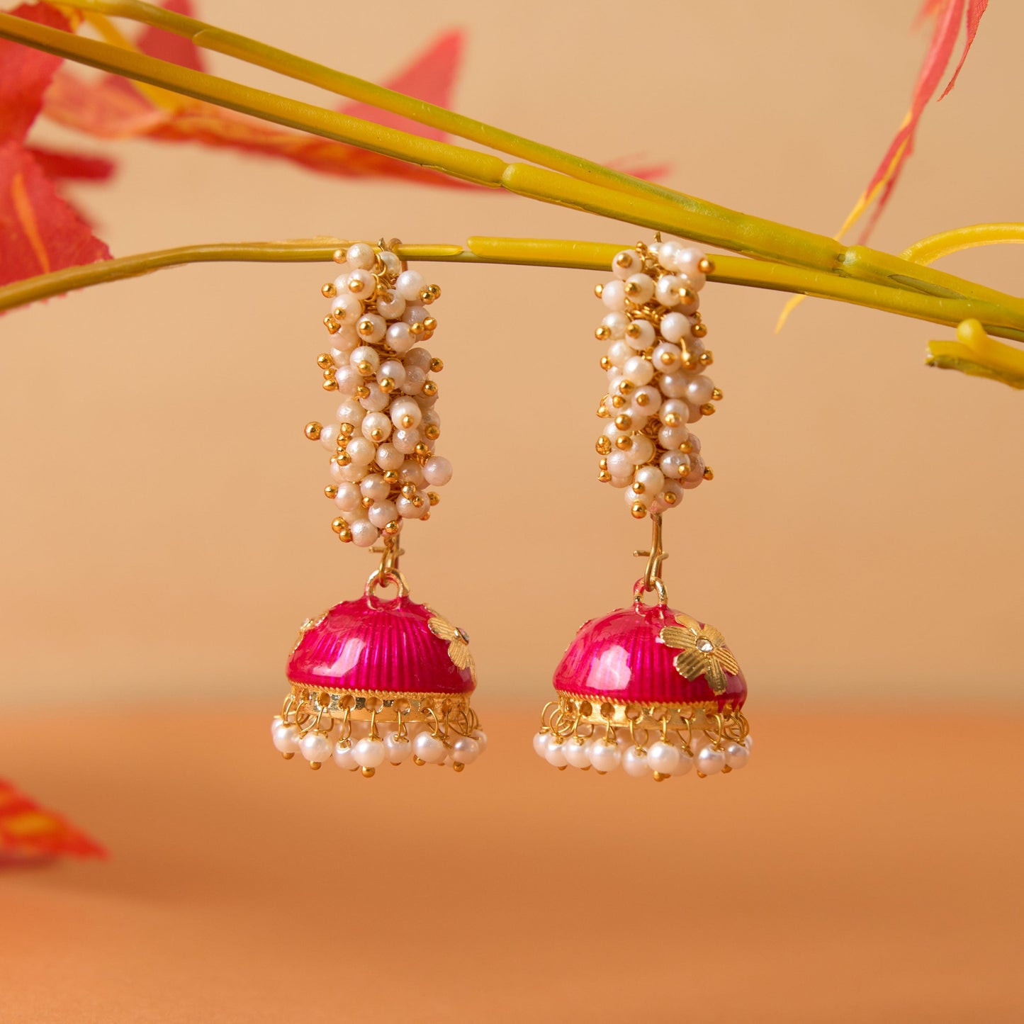 Moonstruck Gold Pearl Hoop Jhumki Fashion Earrings For Women (Pink) - www.MoonstruckINC.com