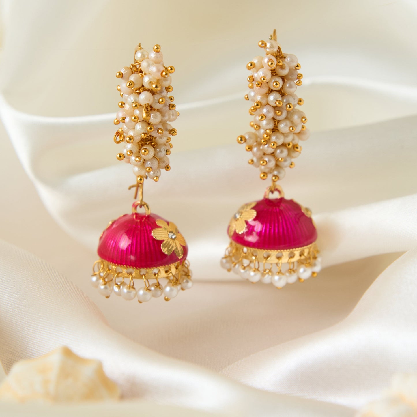 Moonstruck Gold Pearl Hoop Jhumki Fashion Earrings For Women (Pink) - www.MoonstruckINC.com