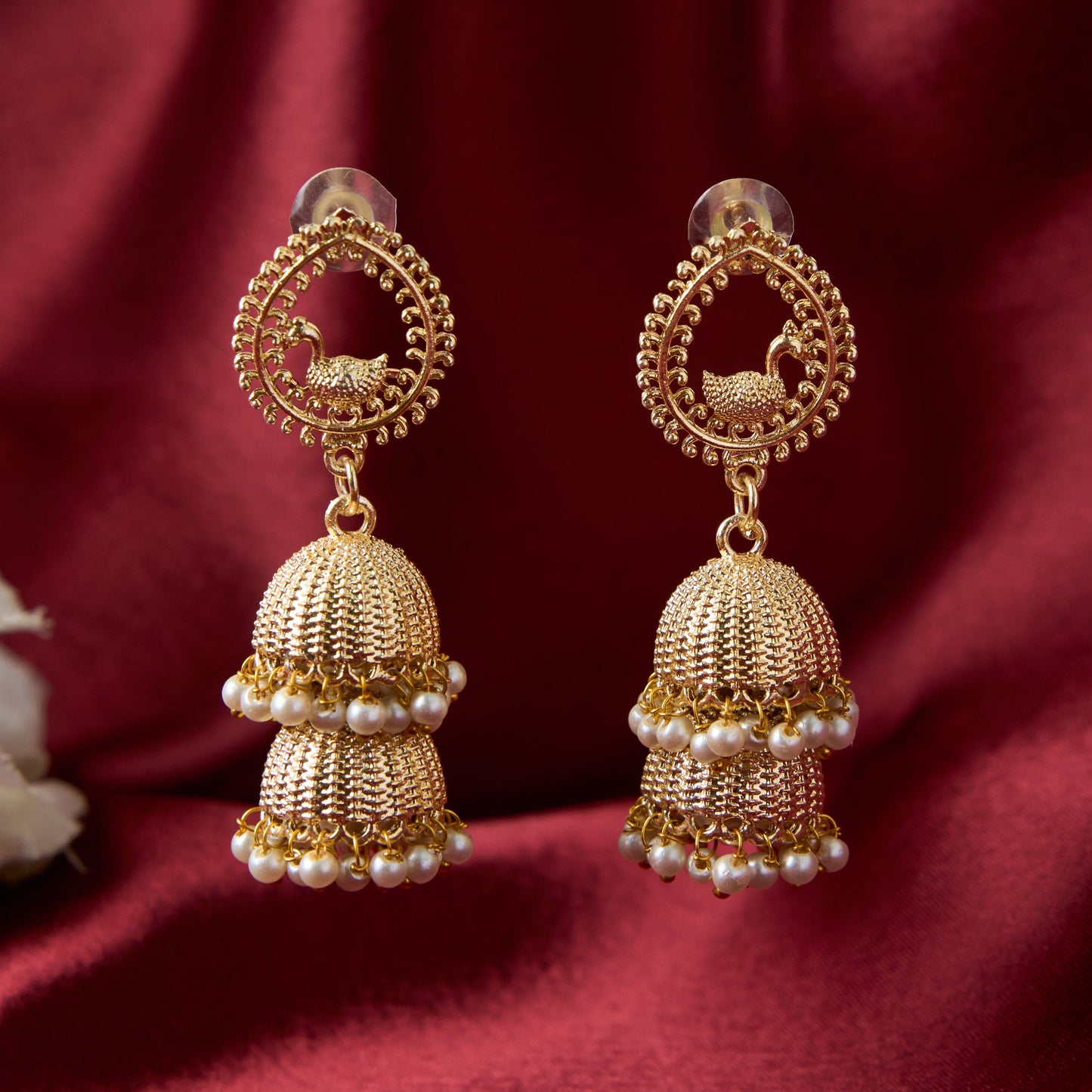 Moonstruck Bollywood Traditional Indian Gold/Golden Jhumka/Jhumki Earrings With Pearls Peacock Style For Women - www.MoonstruckINC.com