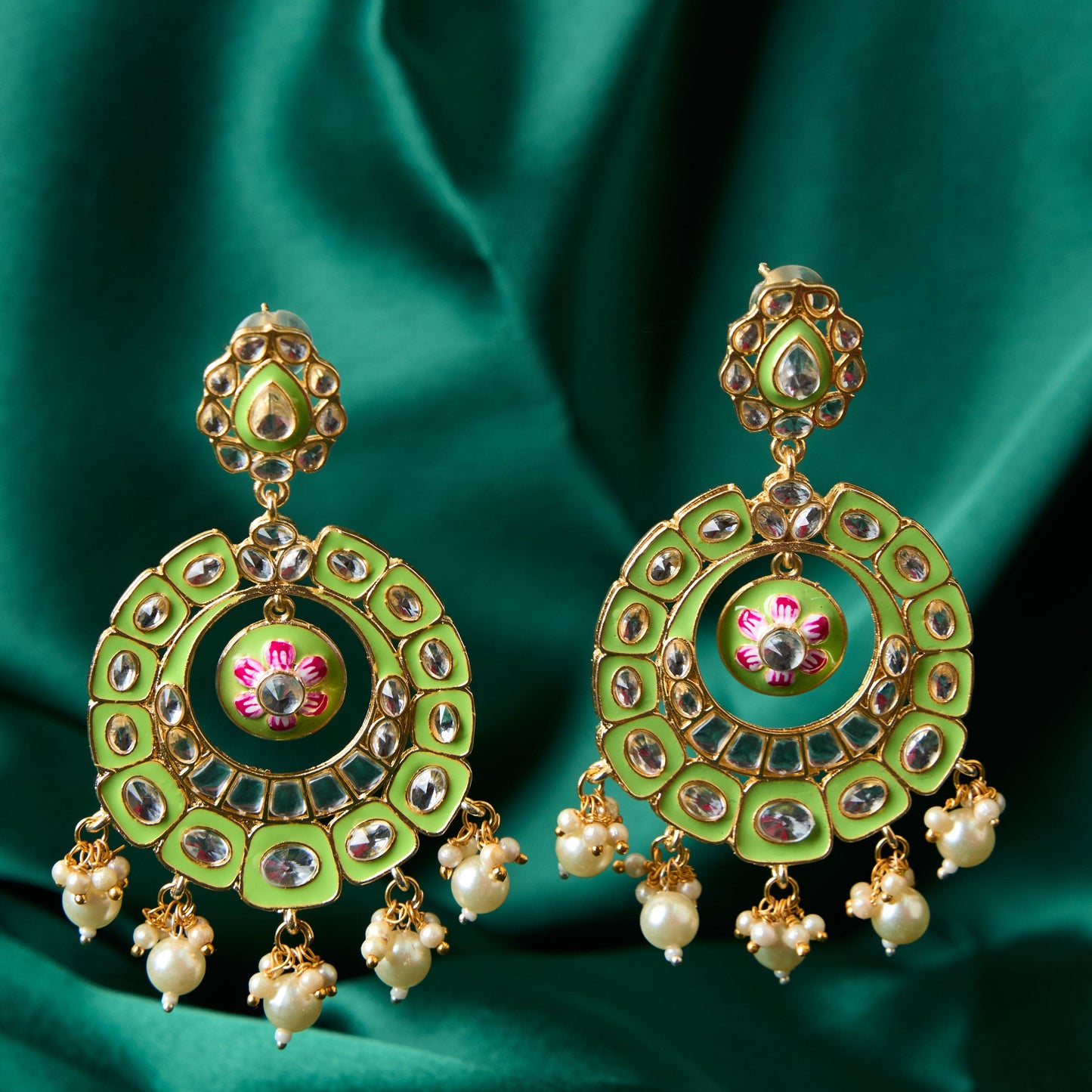 Moonstruck Traditional Indian Chandbali Enamel Kundan Earrings With Pearls for Women (Green) - www.MoonstruckINC.com