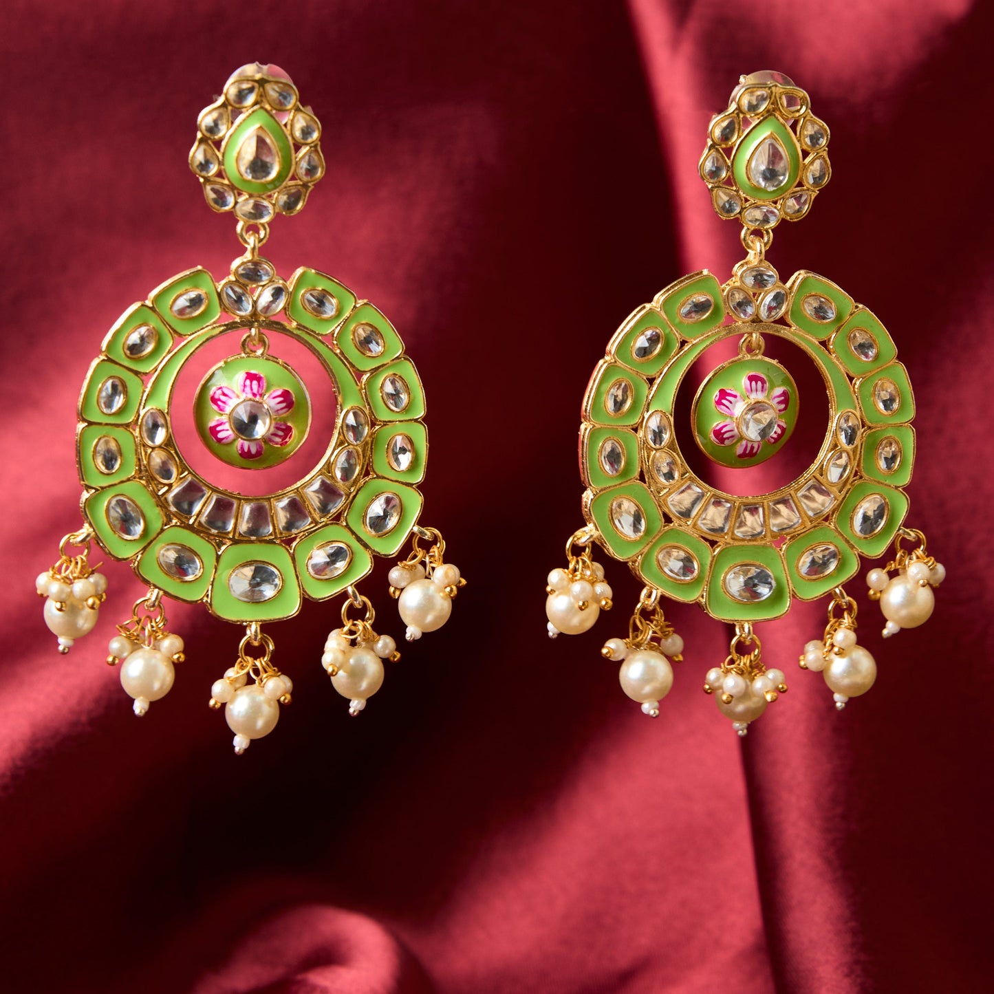 Moonstruck Traditional Indian Chandbali Enamel Kundan Earrings With Pearls for Women (Green) - www.MoonstruckINC.com