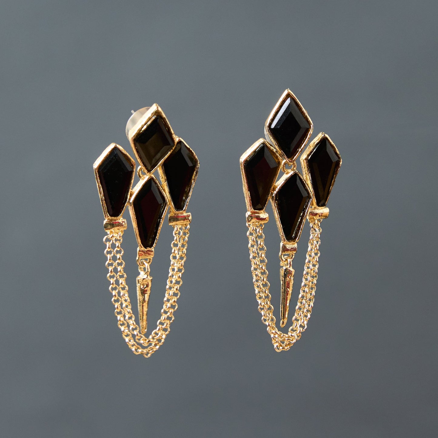 Moonstruck Golden Spike Statement Lightweight Chain Dangle Stone Earrings (Black) - www.MoonstruckINC.com