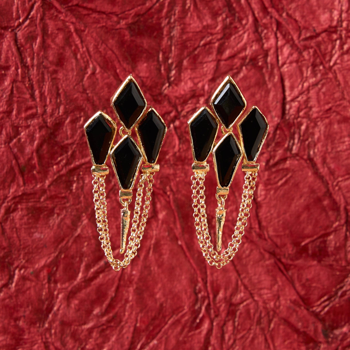 Moonstruck Golden Spike Statement Lightweight Chain Dangle Stone Earrings (Black) - www.MoonstruckINC.com