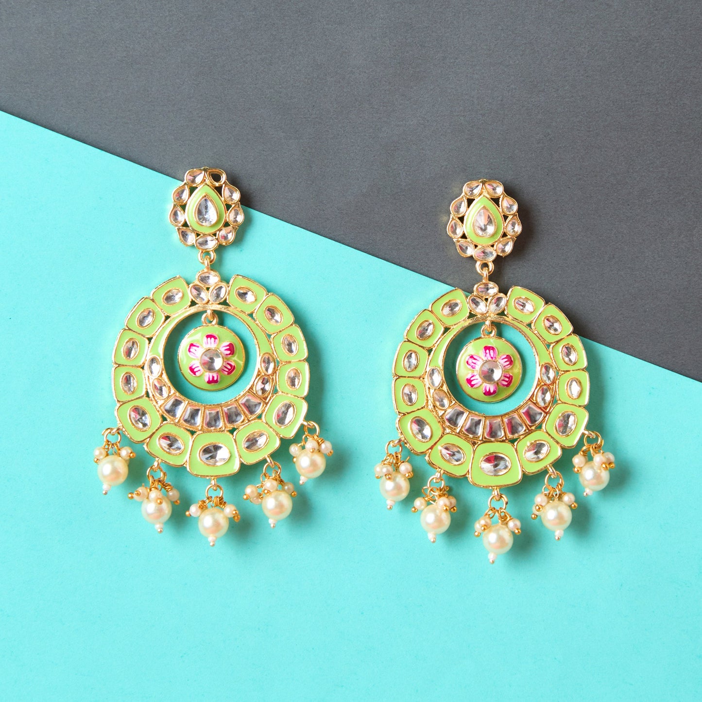 Moonstruck Traditional Indian Chandbali Enamel Kundan Earrings With Pearls for Women (Green) - www.MoonstruckINC.com