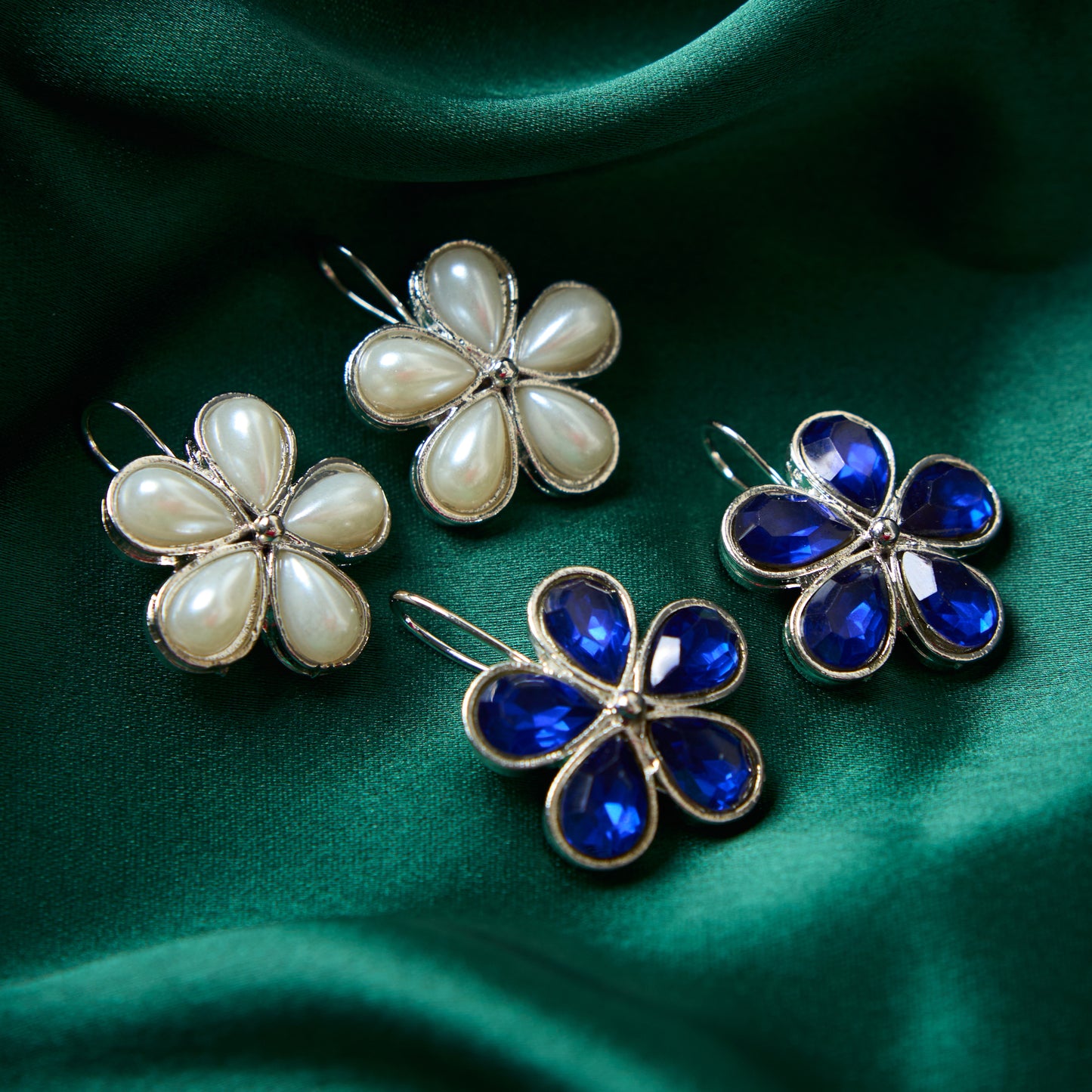 Moonstruck Combo flower hook earrings (Pearl & Blue) - www.MoonstruckINC.com