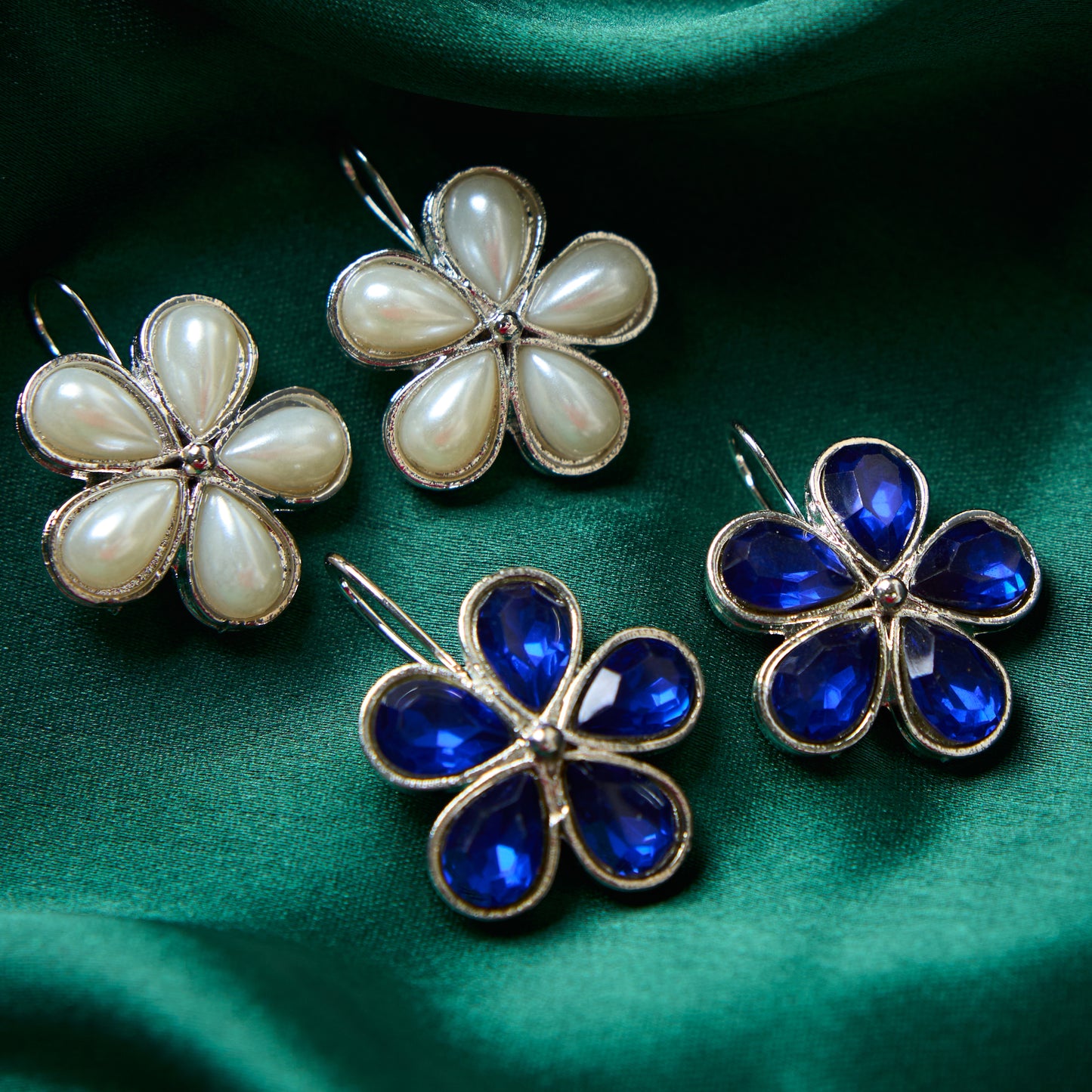 Moonstruck Combo flower hook earrings (Pearl & Blue) - www.MoonstruckINC.com
