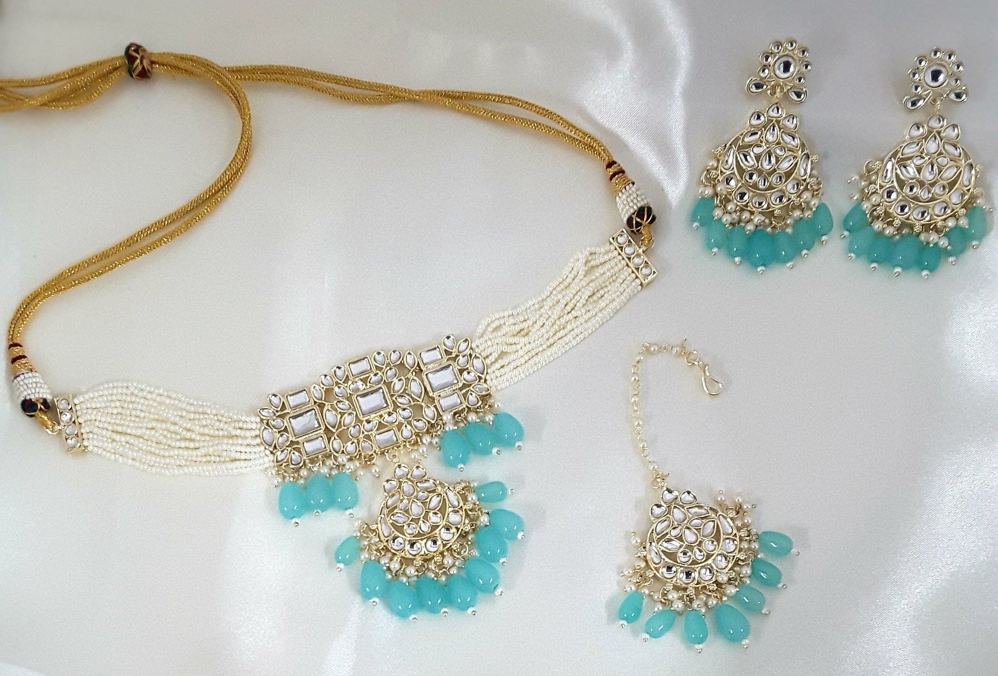 Moonstruck Traditional Indian White Kundan and Pink Beads Choker Necklace Earring Set with Maang tikka for Women(Pink) - www.MoonstruckINC.com