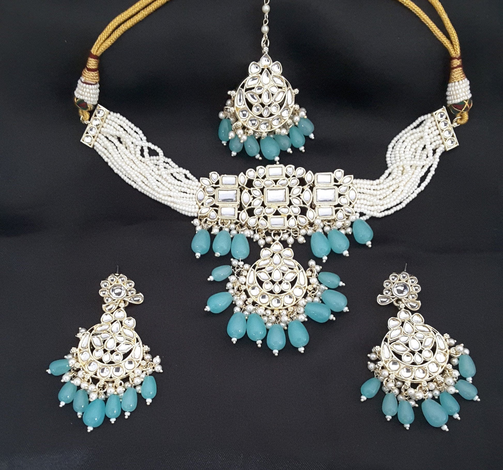 Moonstruck Traditional Indian White Kundan and Pink Beads Choker Necklace Earring Set with Maang tikka for Women(Pink) - www.MoonstruckINC.com