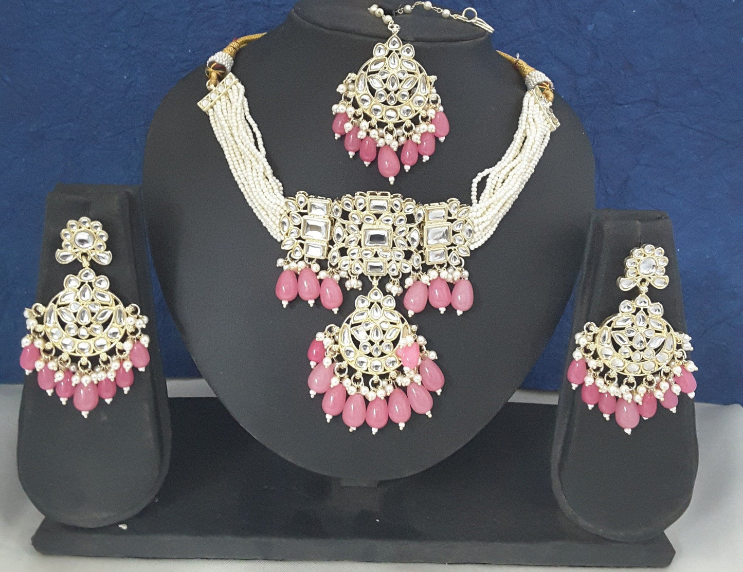 Moonstruck Traditional Indian White Kundan and Pink Beads Choker Necklace Earring Set with Maang tikka for Women(Pink) - www.MoonstruckINC.com