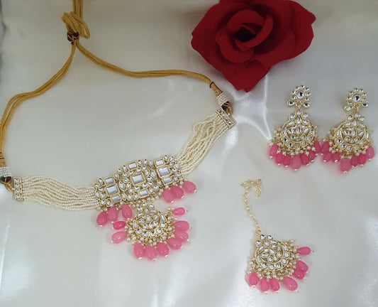 Moonstruck Traditional Indian White Kundan and Pink Beads Choker Necklace Earring Set with Maang tikka for Women(Pink) - www.MoonstruckINC.com