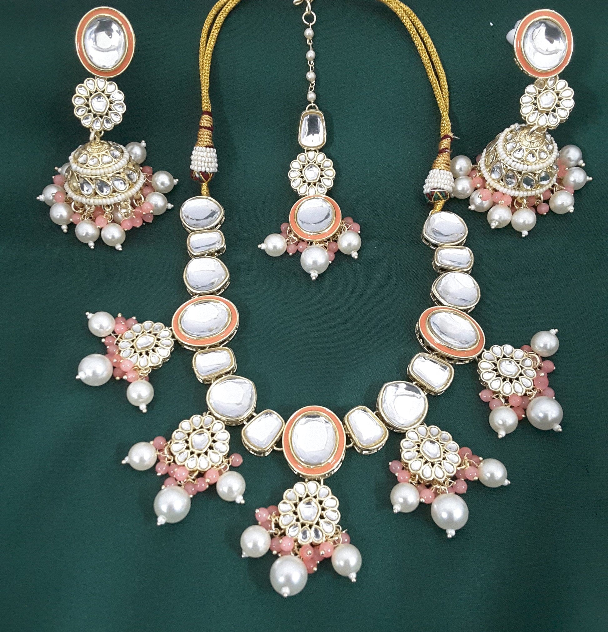 Moonstruck Traditional Indian Meenakari White Kundan and Peach Pink Beads Choker Necklace Earring Set with Maang tikka for Women(Peach Pink) - www.MoonstruckINC.com
