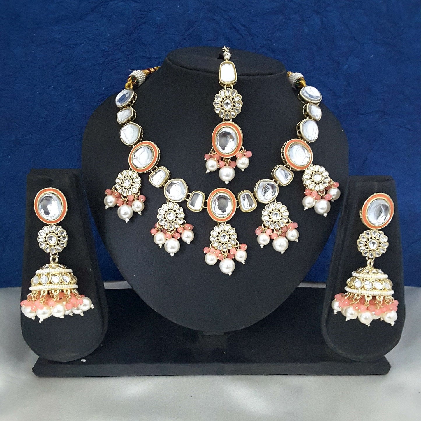 Moonstruck Traditional Indian Meenakari White Kundan and Peach Pink Beads Choker Necklace Earring Set with Maang tikka for Women(Peach Pink) - www.MoonstruckINC.com