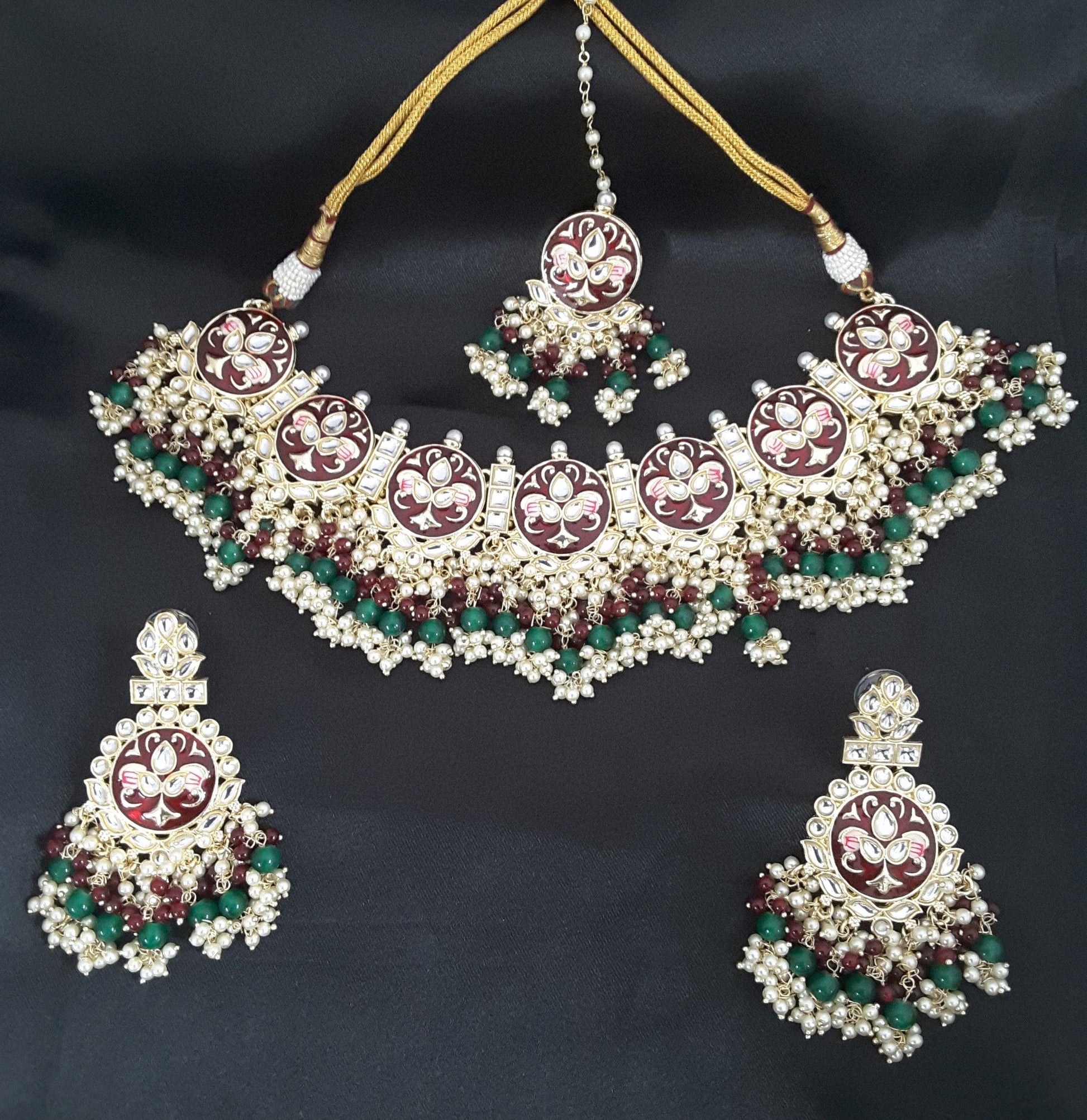 Moonstruck Traditional Indian Maroon Meenakari White Kundan and Green Beads Elegant Necklace Earring Set with Maang tikka for Women(Green & Maroon) - www.MoonstruckINC.com