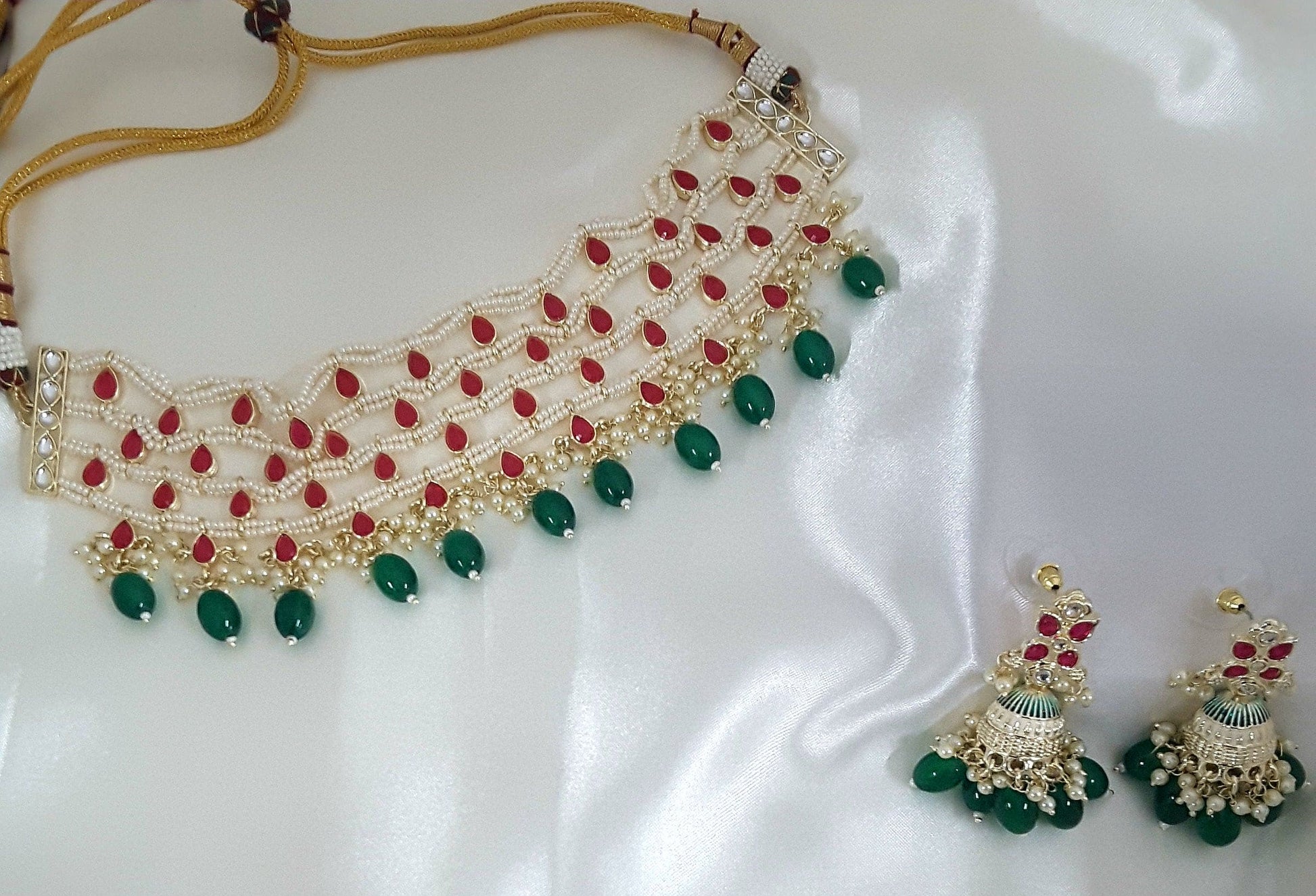 Moonstruck Traditional Indian Meenakari Rani Pink Kundan and Green Beads Choker Necklace Earring Set for Women(Green & Rani Pink) - www.MoonstruckINC.com