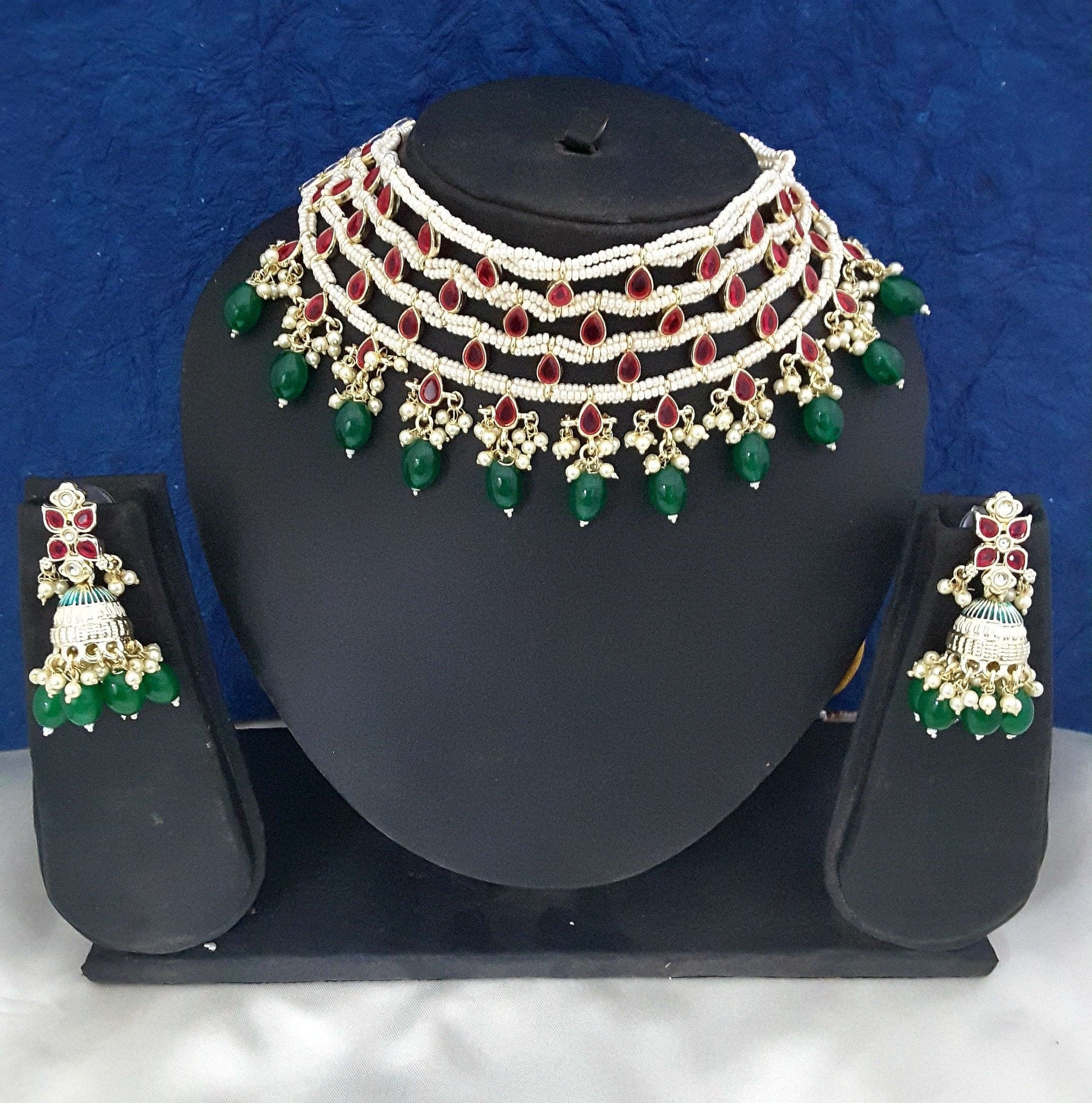 Moonstruck Traditional Indian Meenakari Rani Pink Kundan and Green Beads Choker Necklace Earring Set for Women(Green & Rani Pink) - www.MoonstruckINC.com