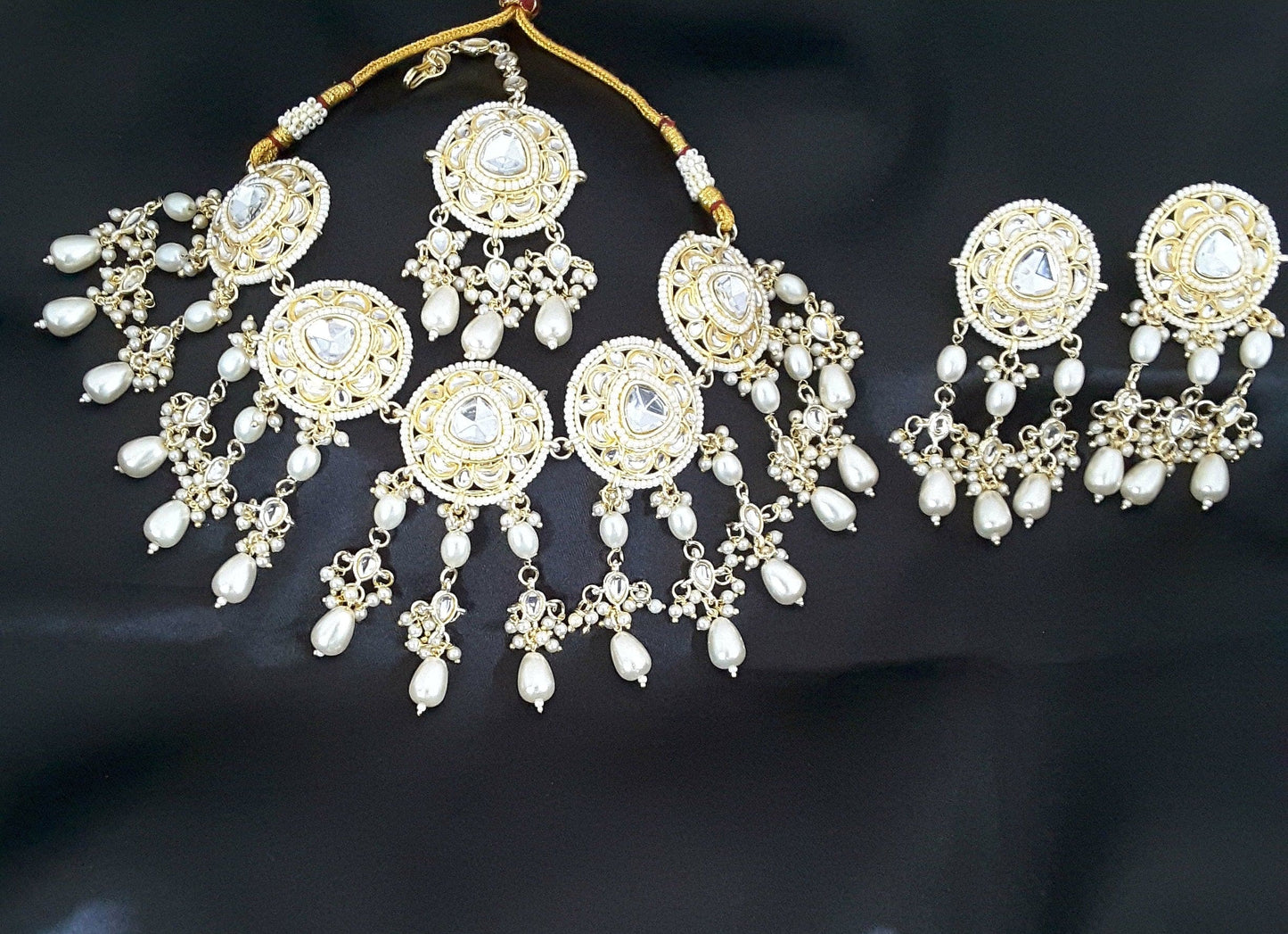 Moonstruck Traditional Indian White Kundan and Pearls Choker Necklace Earring Set with Maang Tikka for Women(White) - www.MoonstruckINC.com