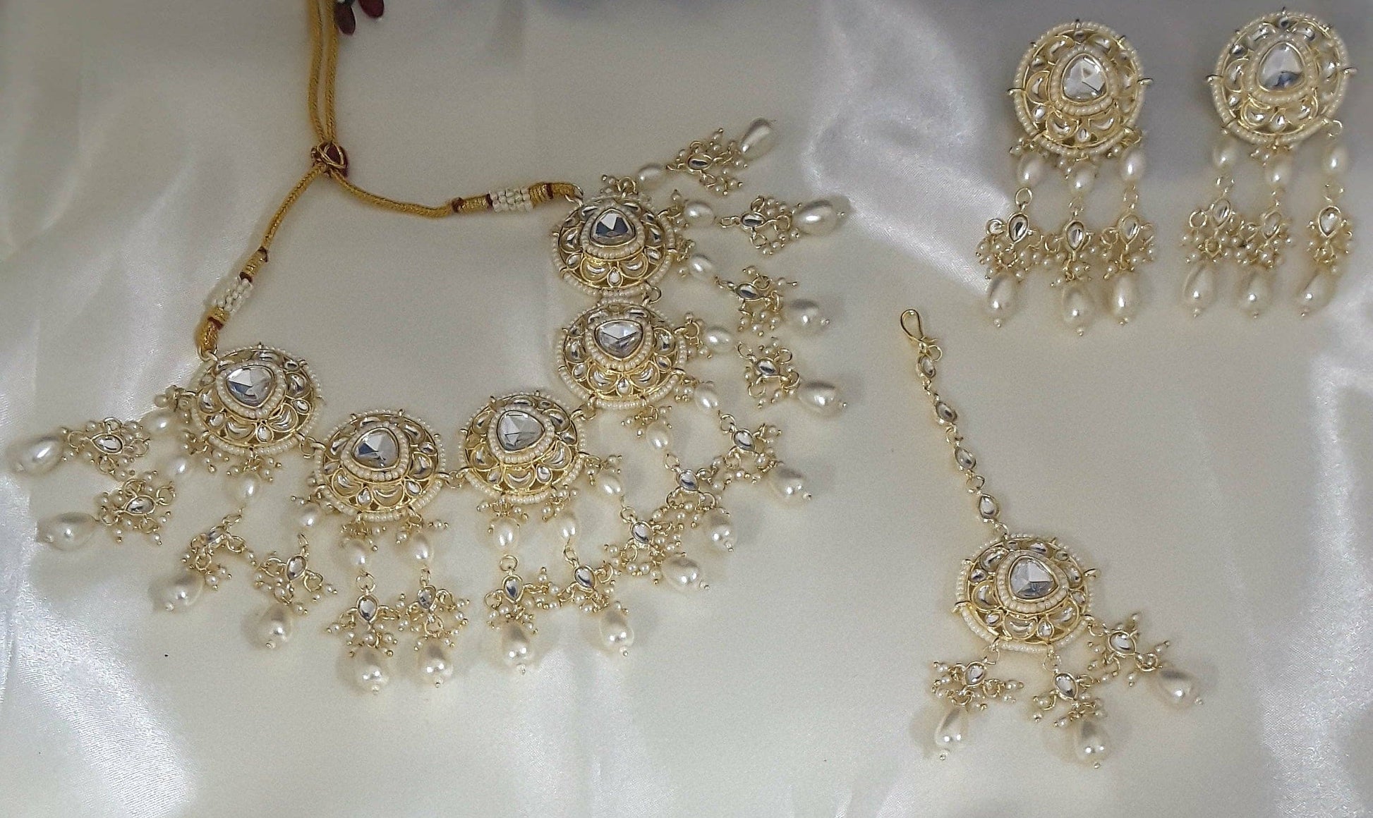 Moonstruck Traditional Indian White Kundan and Pearls Choker Necklace Earring Set with Maang Tikka for Women(White) - www.MoonstruckINC.com