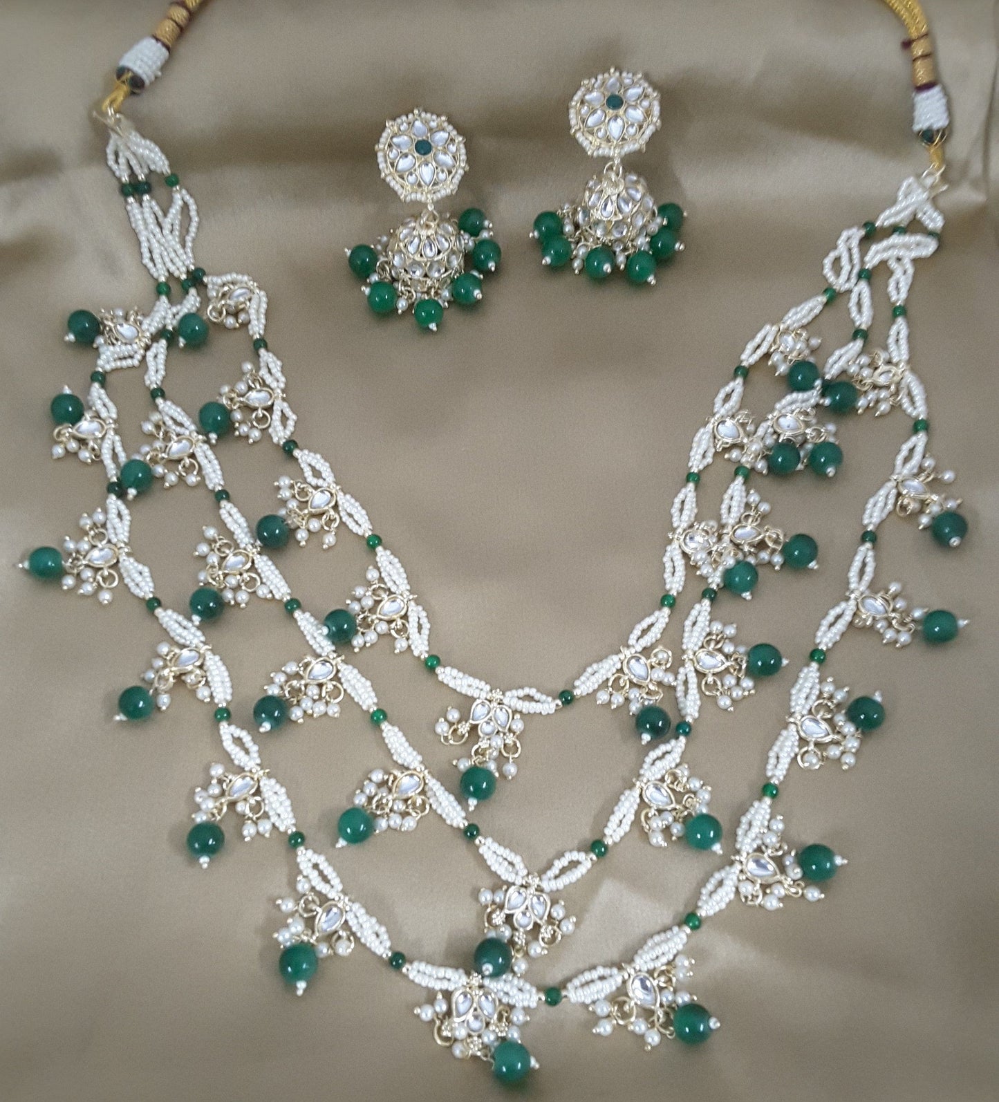 Moonstruck Traditional Indian White Kundan and Emerald Green Beads Long Regal Necklace Earring Set for Women(Emerald Green) - www.MoonstruckINC.com