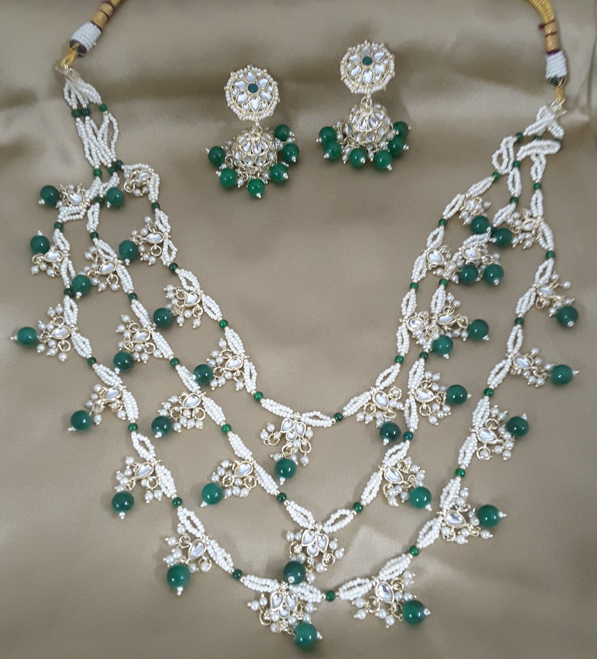 Moonstruck Traditional Indian White Kundan and Emerald Green Beads Long Regal Necklace Earring Set for Women(Emerald Green) - www.MoonstruckINC.com
