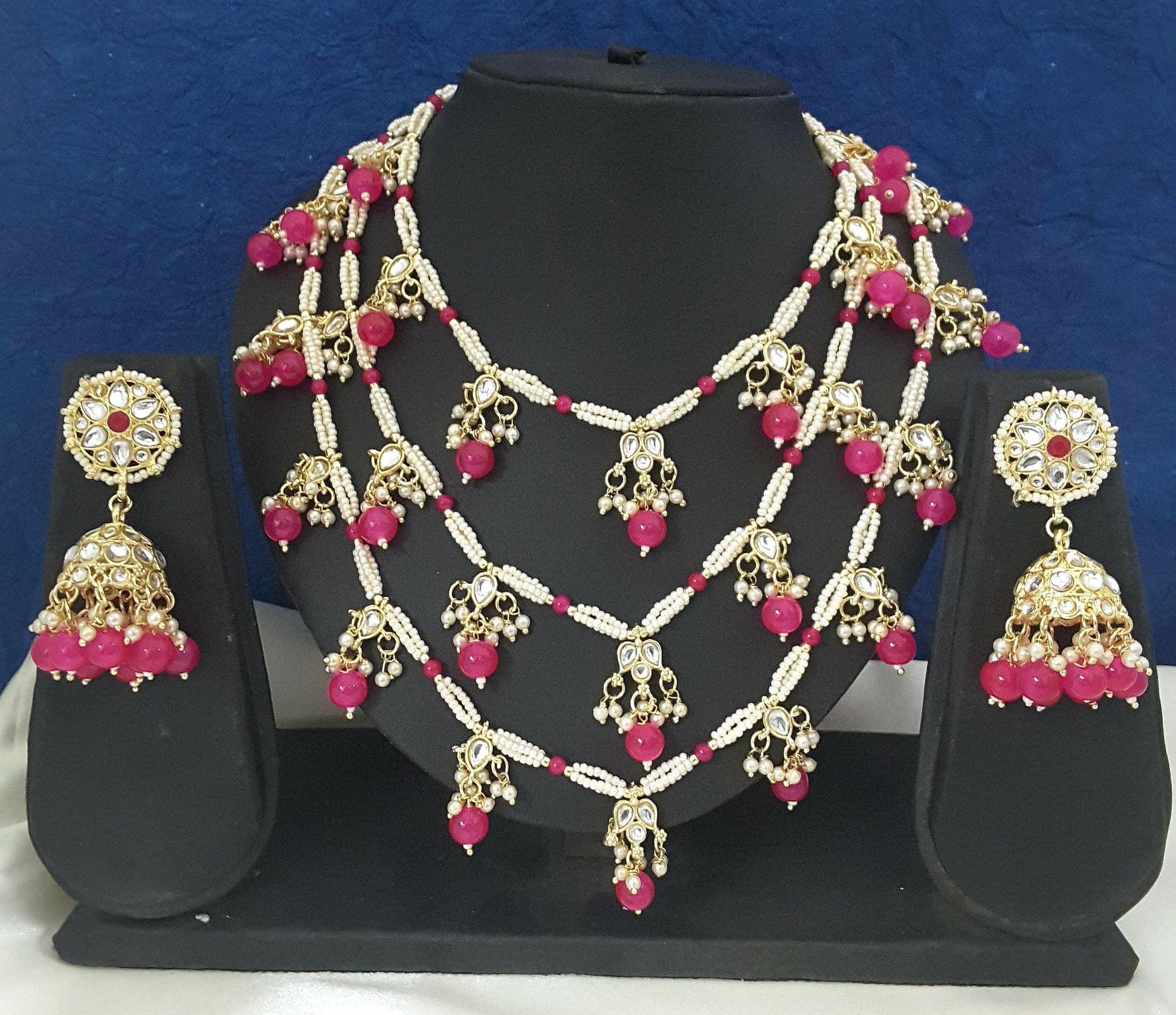 Moonstruck Traditional Indian White Kundan and Emerald Green Beads Long Regal Necklace Earring Set for Women(Emerald Green) - www.MoonstruckINC.com