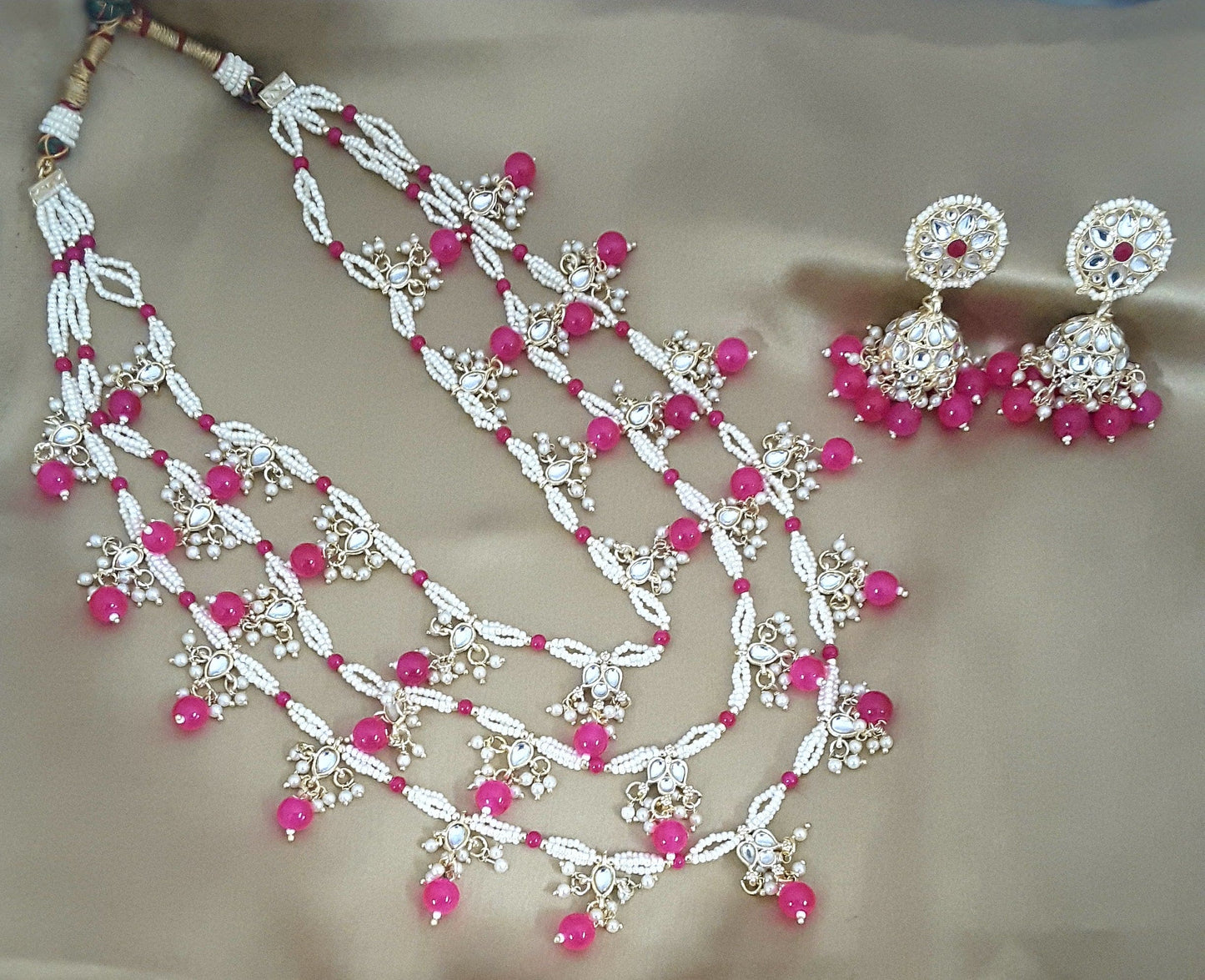 Moonstruck Traditional Indian White Kundan and Emerald Green Beads Long Regal Necklace Earring Set for Women(Emerald Green) - www.MoonstruckINC.com