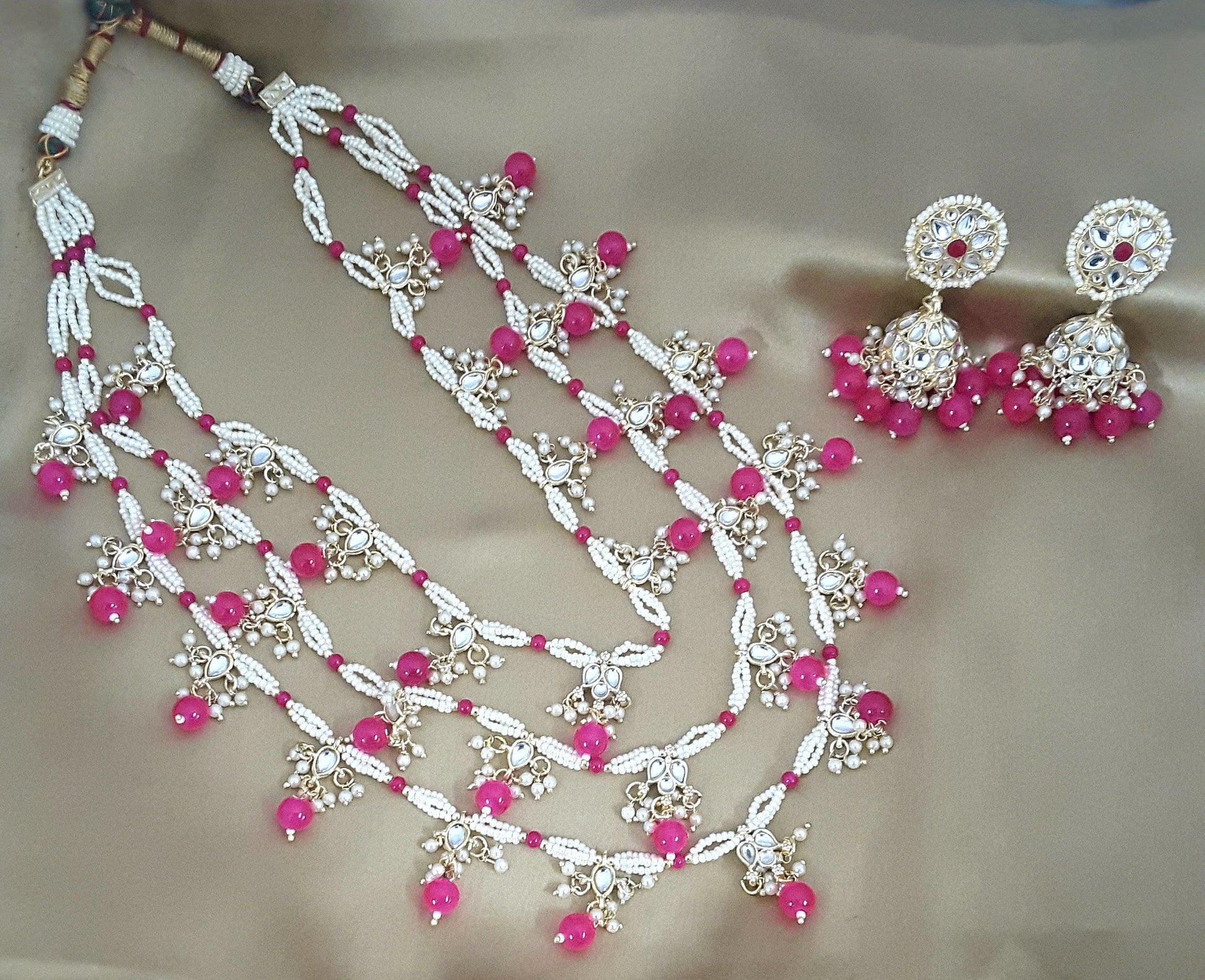 Moonstruck Traditional Indian White Kundan and Emerald Green Beads Long Regal Necklace Earring Set for Women(Emerald Green) - www.MoonstruckINC.com