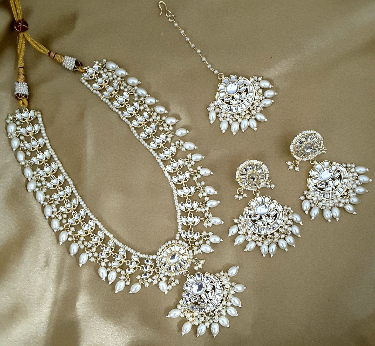 Moonstruck Traditional Indian White Kundan and Pearl Beads Long Regal Necklace Earring Set with Maang tikka for Women(White) - www.MoonstruckINC.com