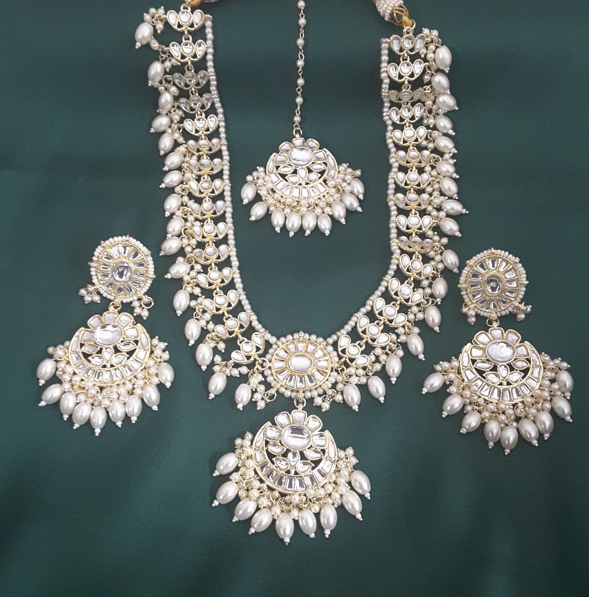 Moonstruck Traditional Indian White Kundan and Pearl Beads Long Regal Necklace Earring Set with Maang tikka for Women(White) - www.MoonstruckINC.com