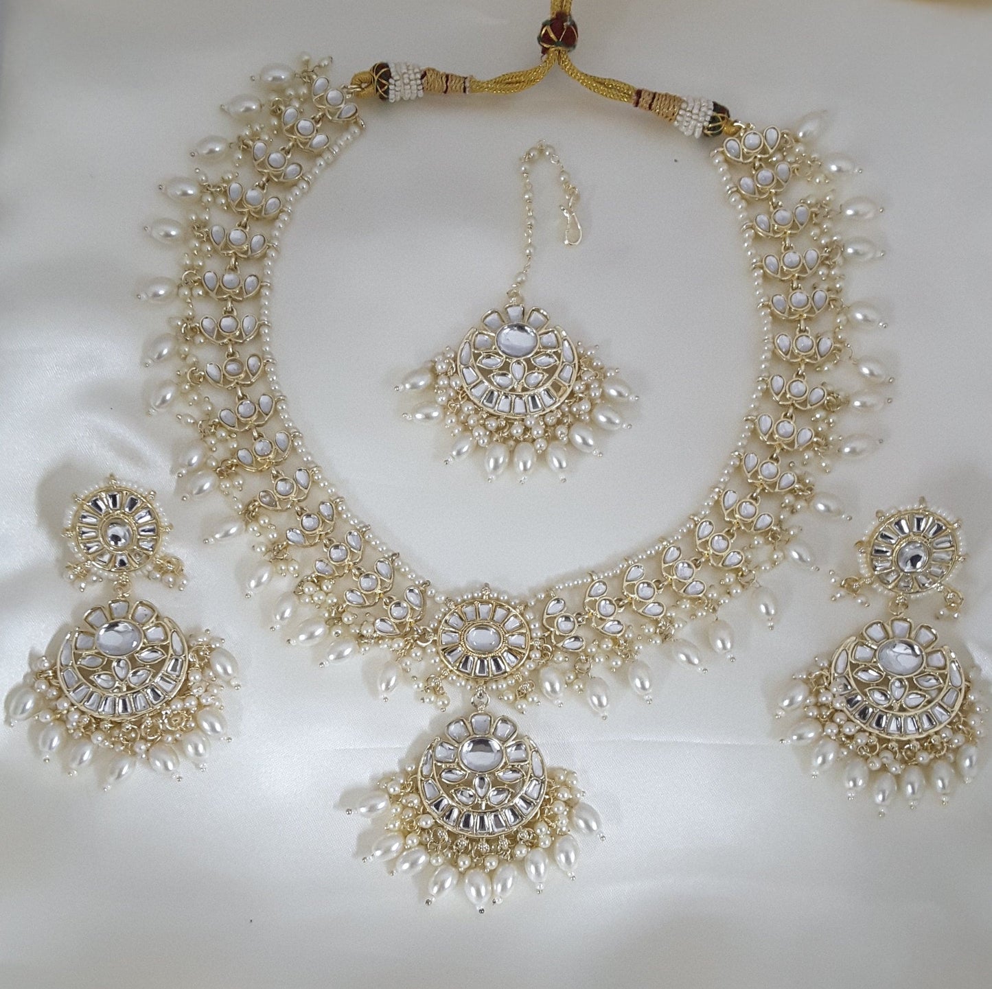 Moonstruck Traditional Indian White Kundan and Pearl Beads Long Regal Necklace Earring Set with Maang tikka for Women(White) - www.MoonstruckINC.com
