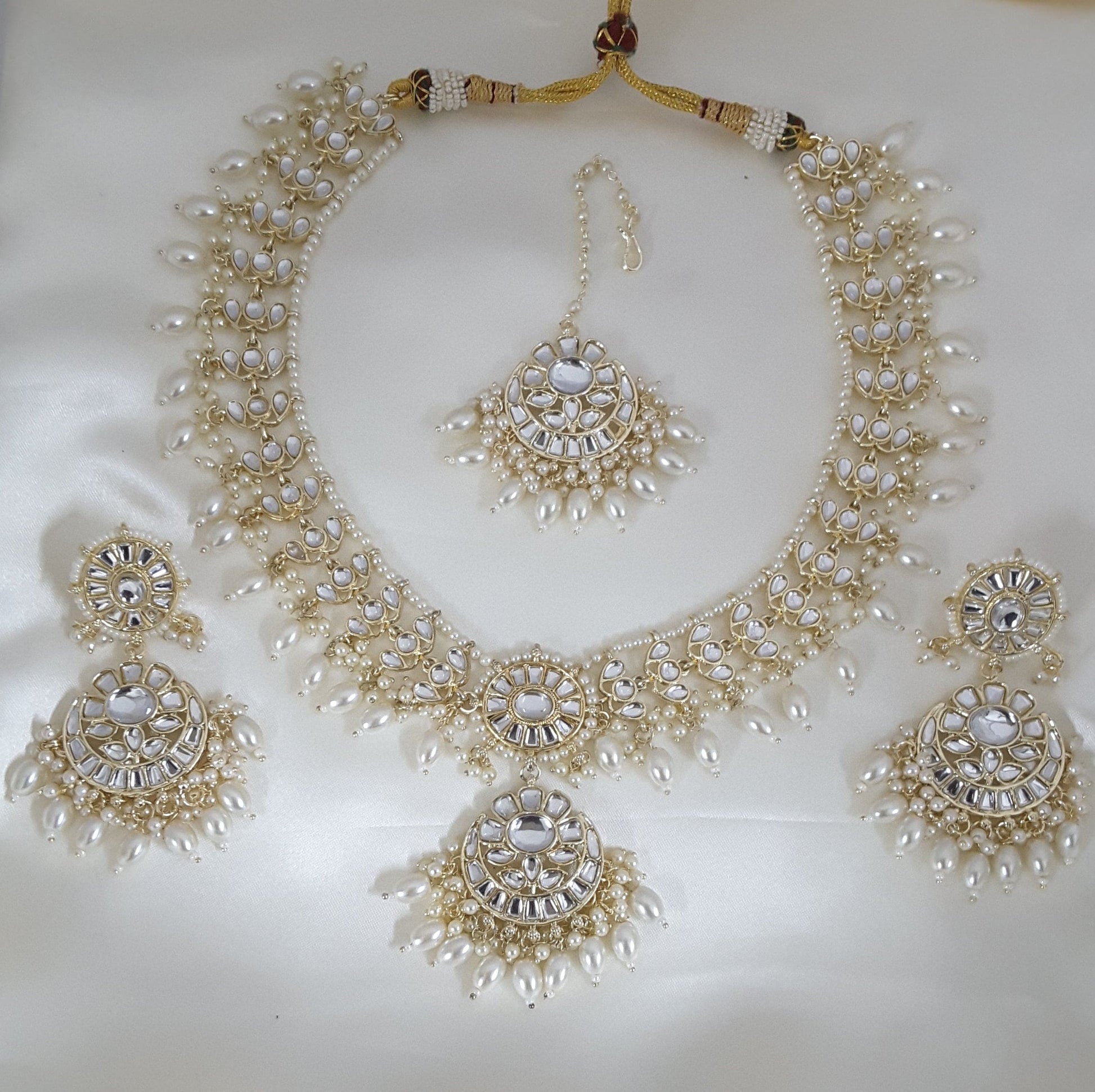 Moonstruck Traditional Indian White Kundan and Pearl Beads Long Regal Necklace Earring Set with Maang tikka for Women(White) - www.MoonstruckINC.com