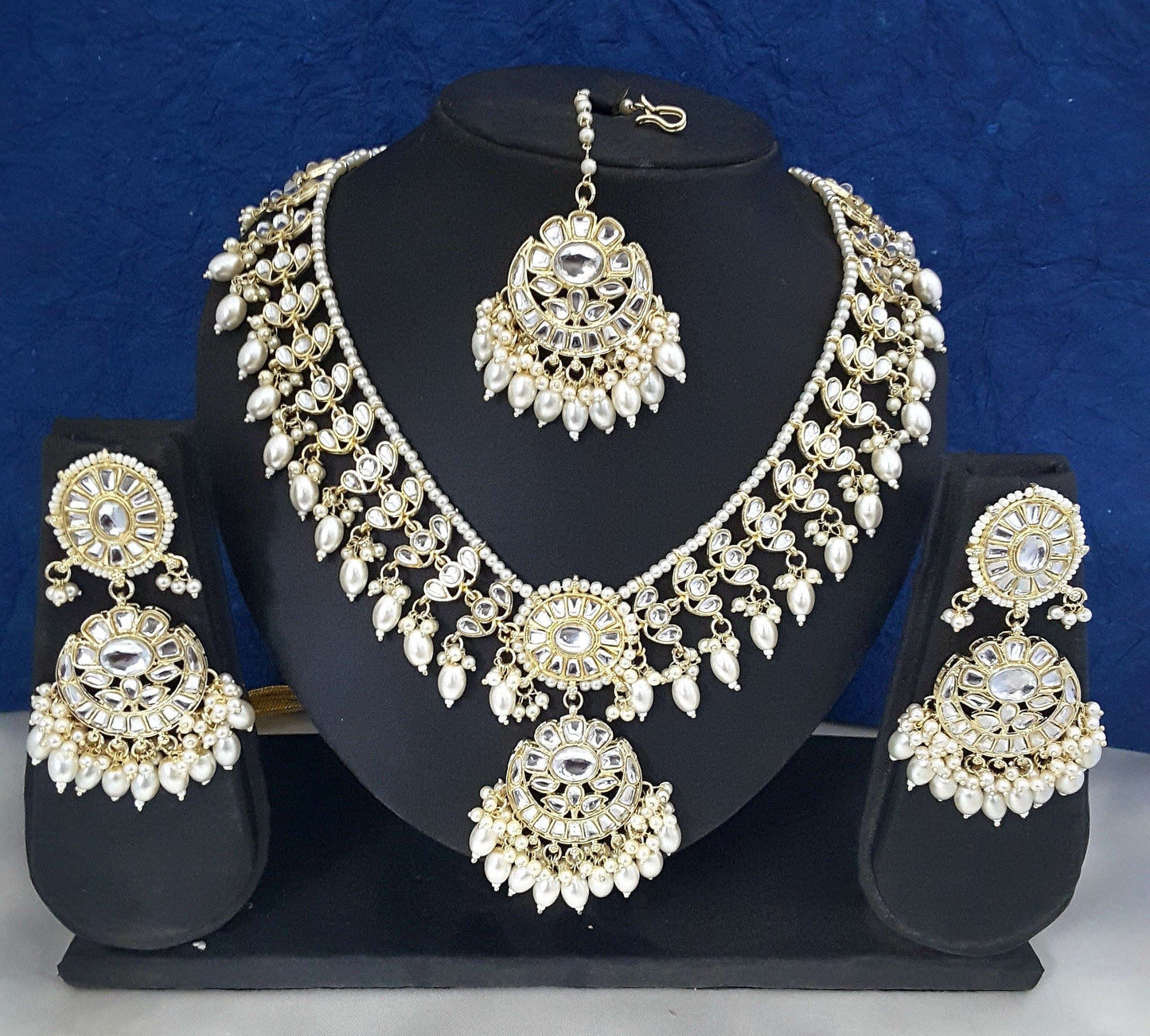 Moonstruck Traditional Indian White Kundan and Pearl Beads Long Regal Necklace Earring Set with Maang tikka for Women(White) - www.MoonstruckINC.com